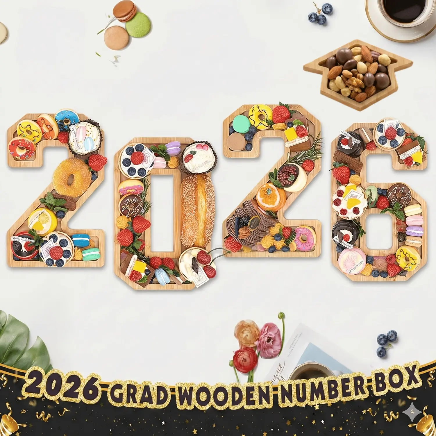 2026 Graduation 4-Piece Wooden Number Charcuterie Board Set with Grad Cap Centerpiece, Multi-Purpose Snack Boards for Snacks, Candies, Desserts & Decor | Grad Parties, Gifting & Celebrations