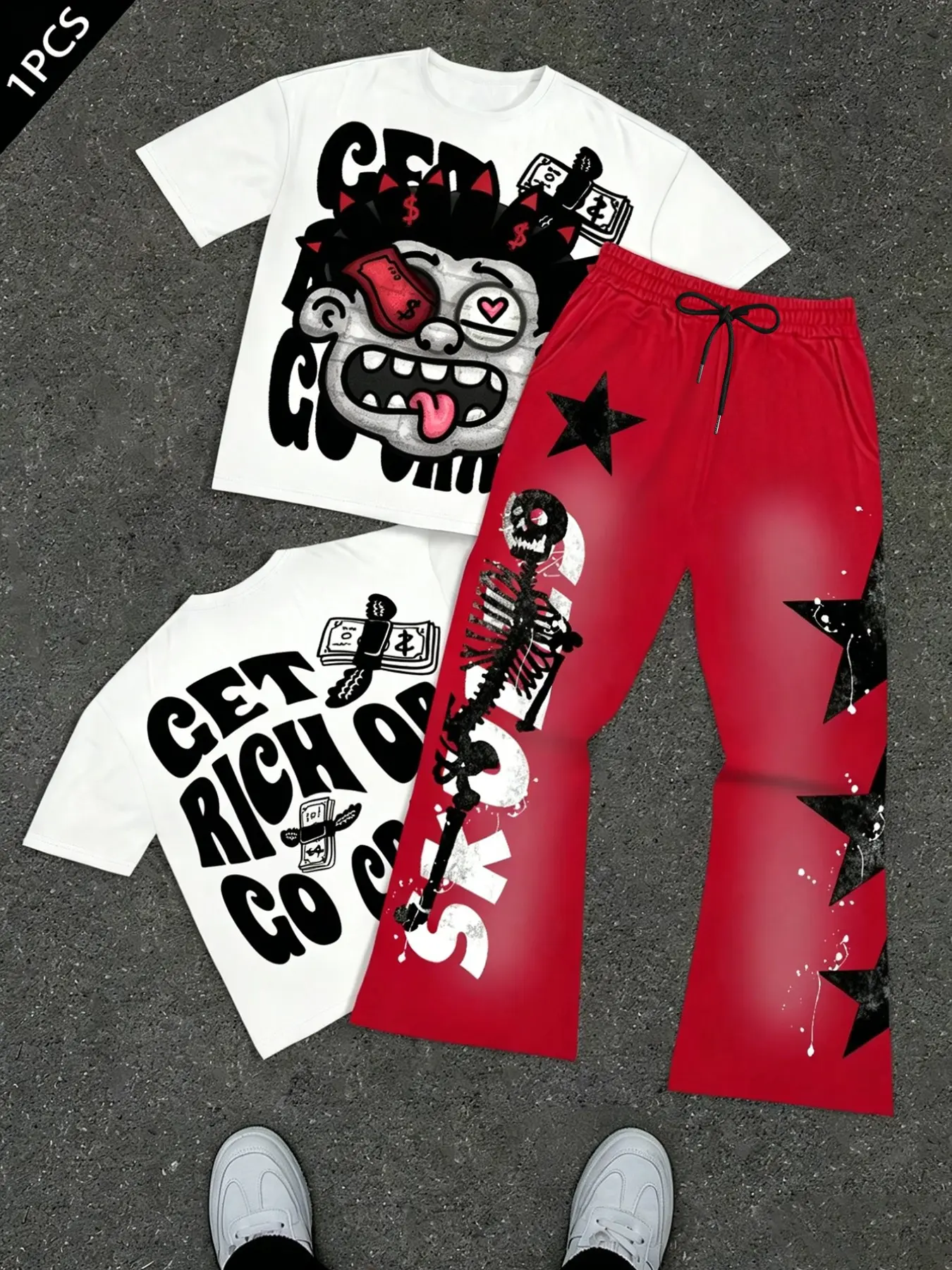 Men Women Y2K Rich Theme Hip Hop Two Piece Set, T-Shirt with Devil Bill Graphic, Bell Bottoms, Casual All Season Wear