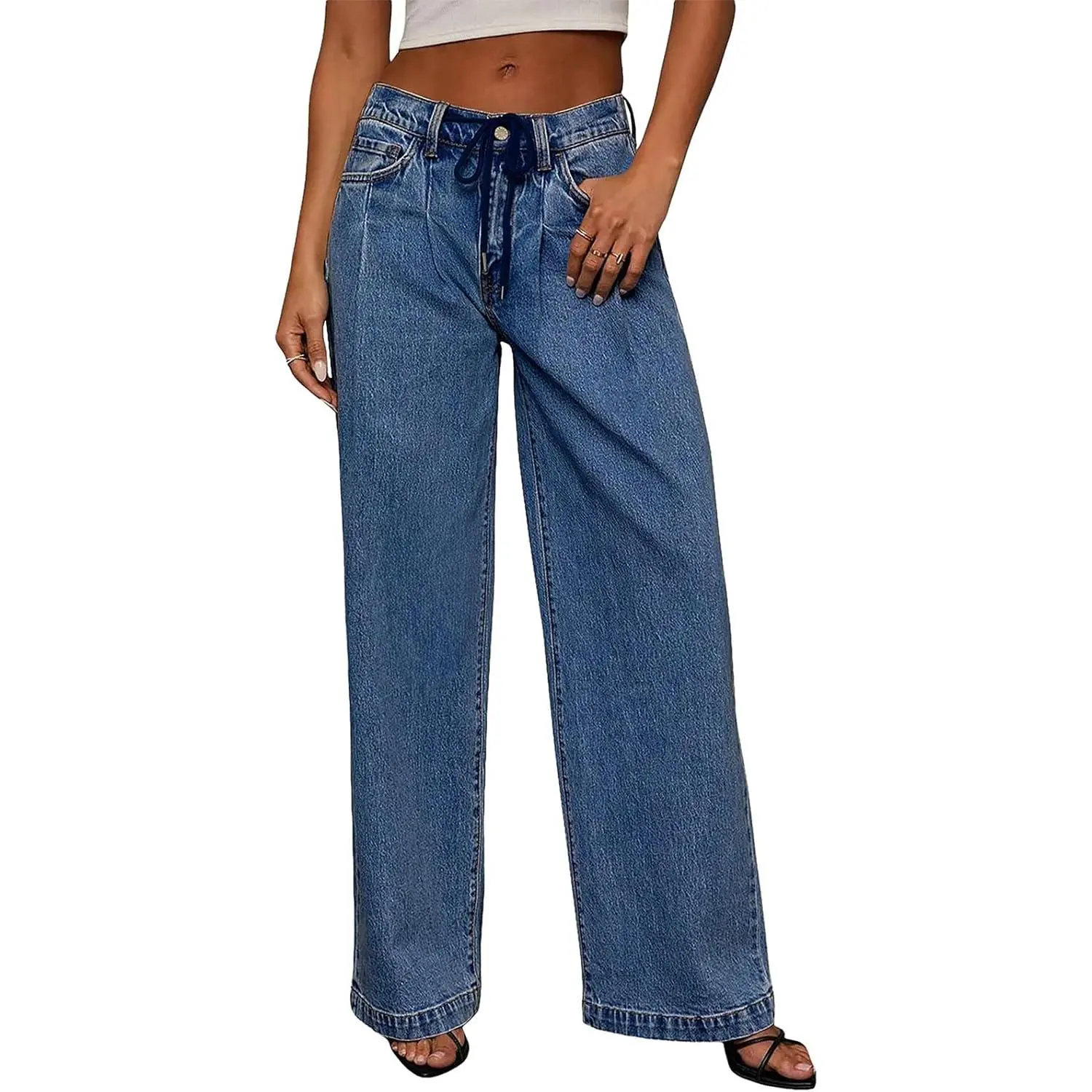 Women's Drawstring Jeans Wide Leg High Waisted Baggy Stretchy Elastic Waist Sweatpant Jeans