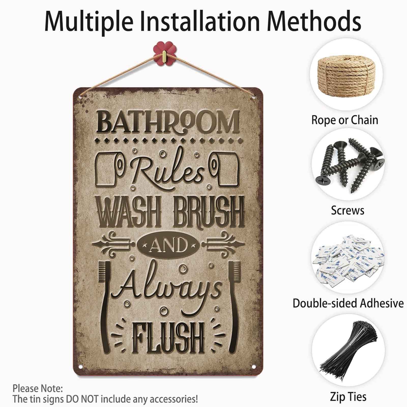 8x12 Inch Aluminum Metal Sign - "Bathroom Rules Wash Brush And Always Flush" |   Classic Toilet Decor, Perfect for Home Bathroom, Guest Restroom, RV, Campground, and Diner |   Retro Rustic Tin Plaque, Easy to Mount, Timeless Bathroom Accessory