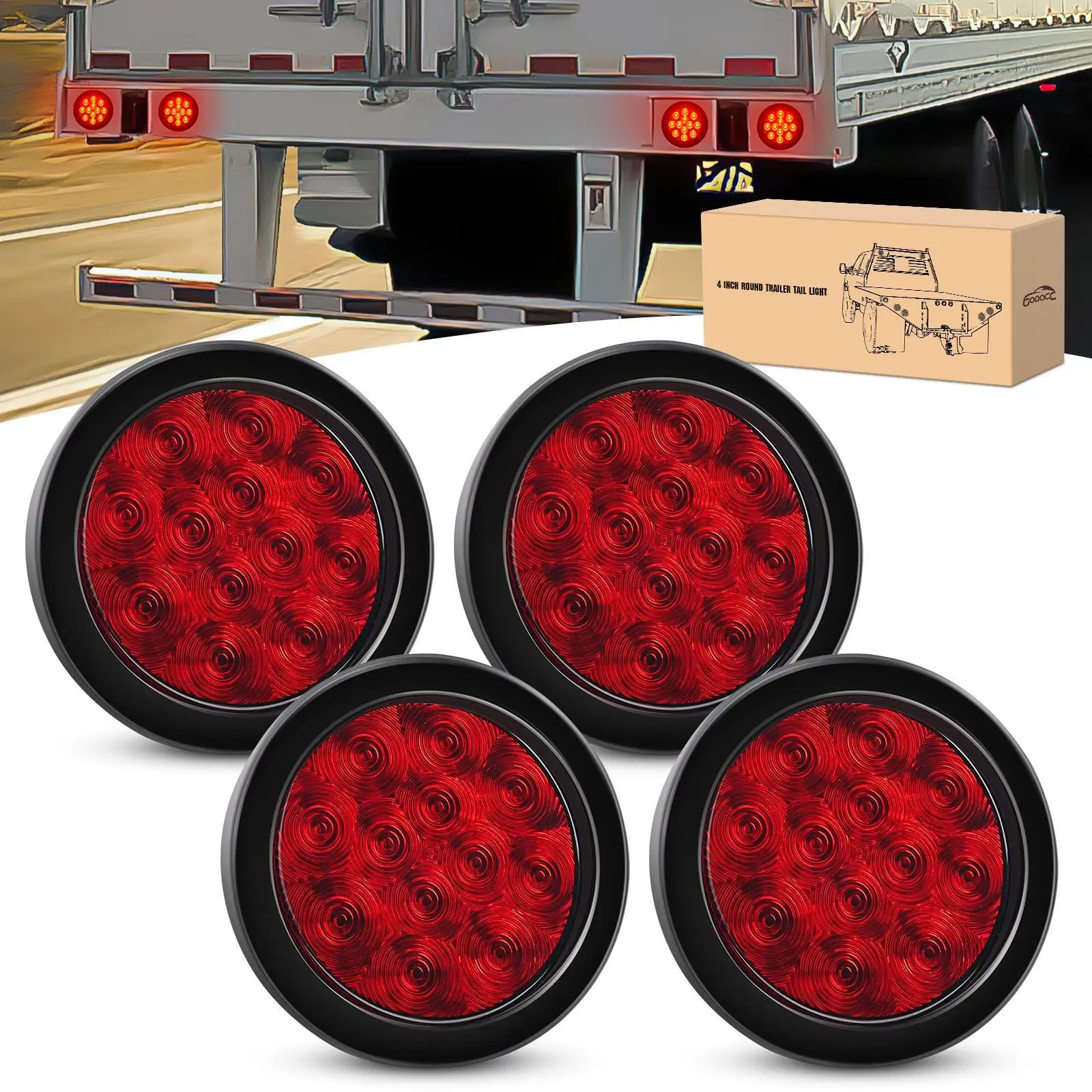GOOACC 4 In Round Trailer Tail Lights (4PCS, 12LED per Unit Red, High Brightness) - Stop Brake Turn Signals with Surface Mount Rubber Grommets, Plugs, IP67 Waterproof for RV, Tractor, Truck Accessories, Trucks, Led Lights