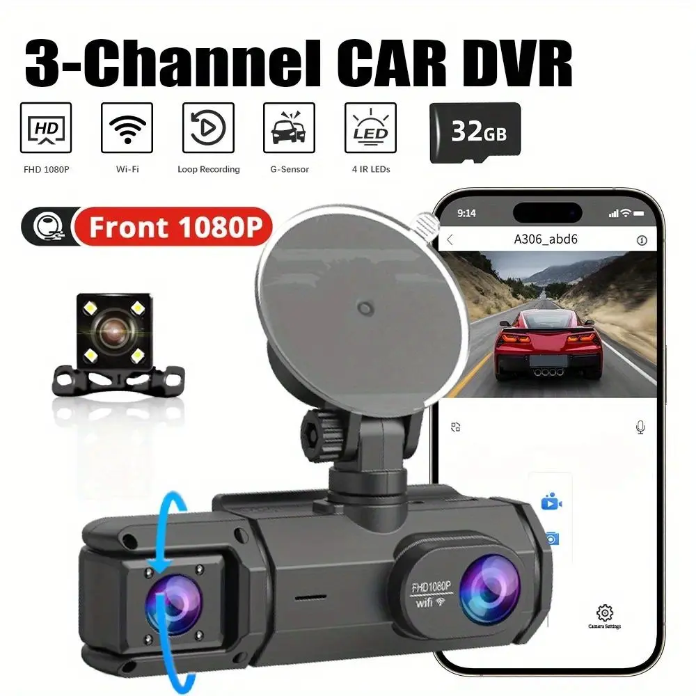 360 Degree WiFi 3 Channel FHD 1080P Dash Cam for Cars Super Night Vision Loop Recording G-Sensor Motion Detection Wide Angle Car DVR Recorder Free 32GB TF Card Included Vehicle Dashboard Camera