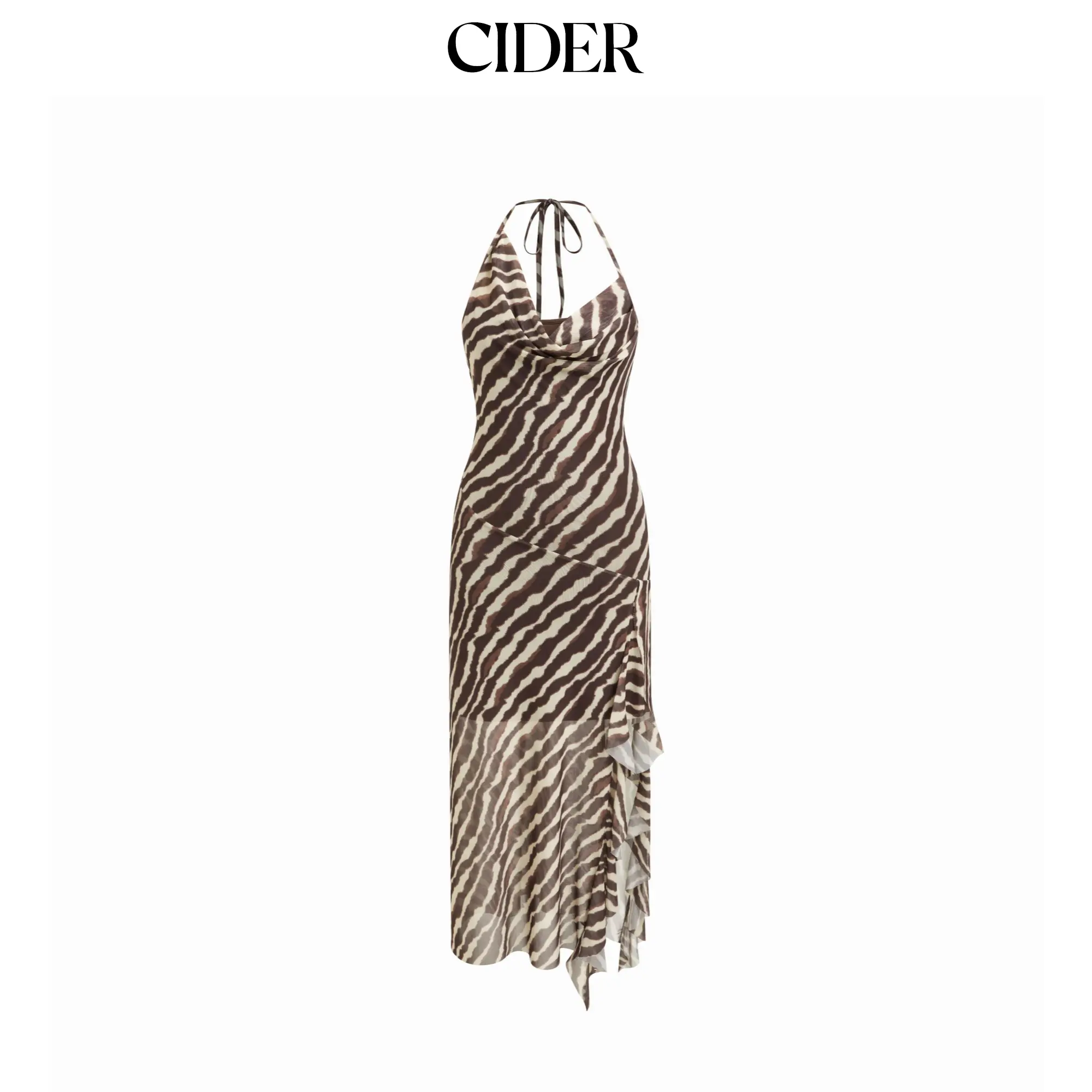 Cider Mesh Zebra Striped Halter Neckline Asymmetric Draped Maxi High-Low Dress