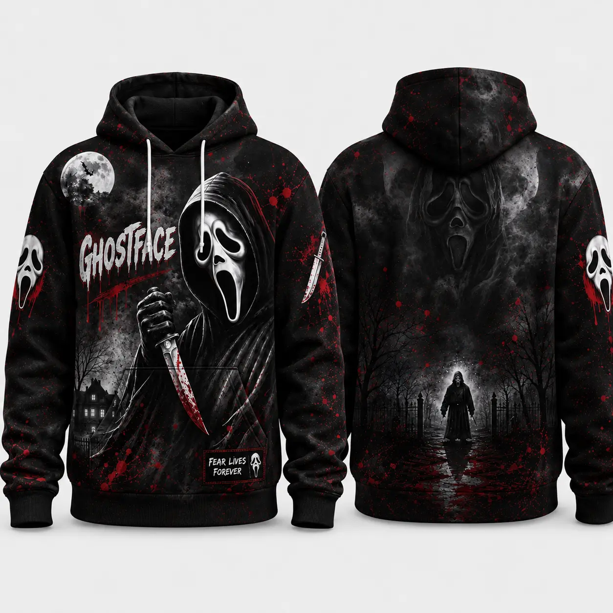 Halloween Horror Classic Villains Pullover Hoodie With Front Kangaroo Pocket, 3D Full Print Casual Sweatshirt, Spooky Movie Graphic Street Hoodie For Men & Women