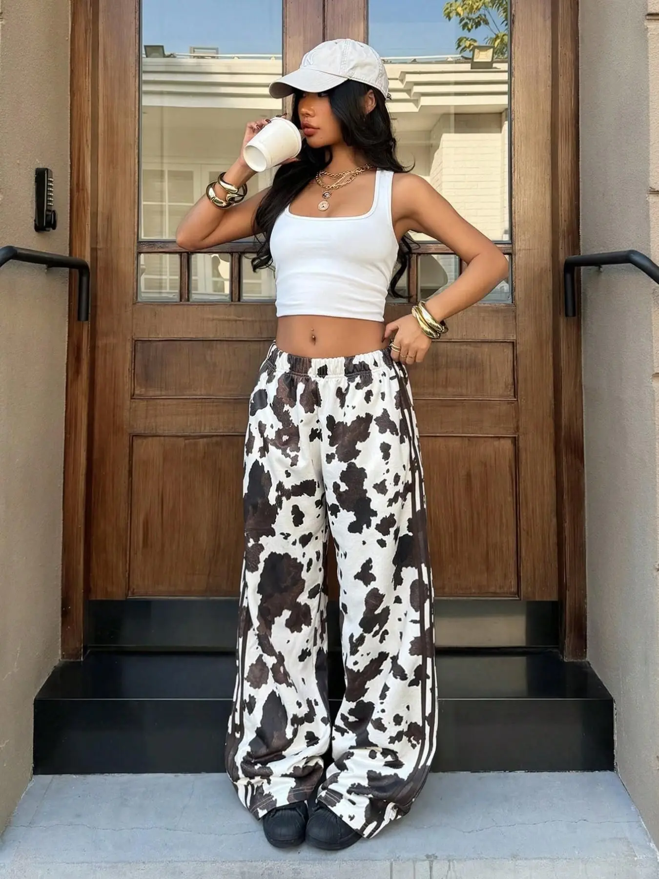 Women's Y2K Style Wide Leg Pants, Cow Print Side Stripes, High Waist Loose Fit, Street Fashion, Summer, Casual Sporty Long Pants, Streetwear