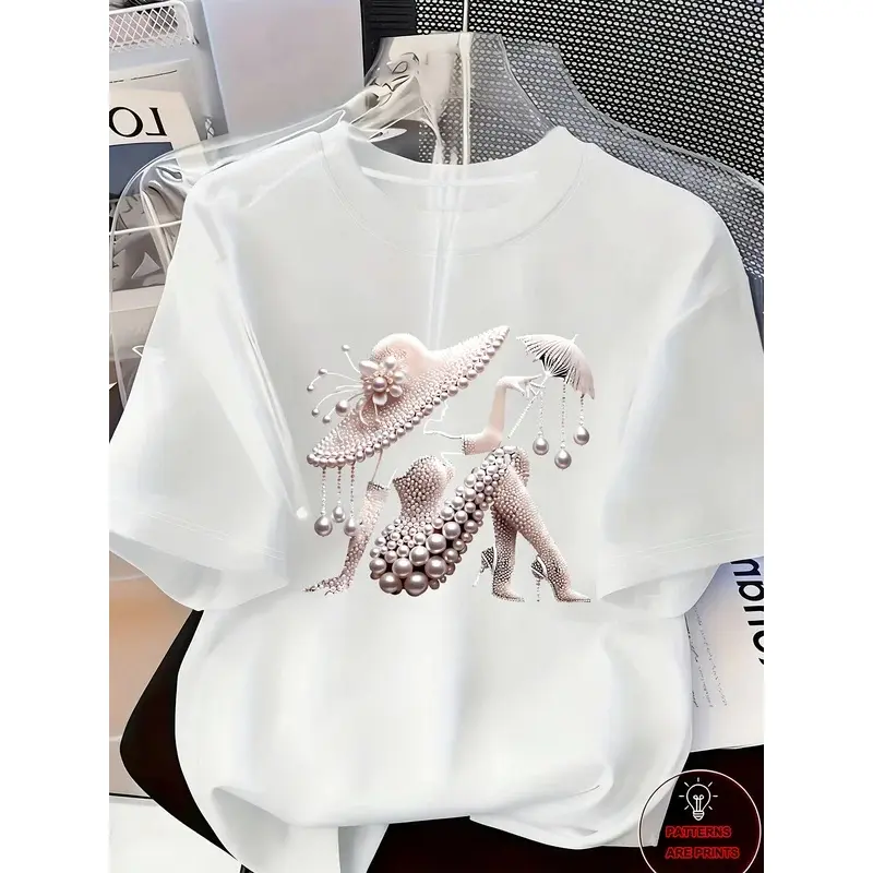 Elegant Light Luxury Printed Women T-Shirt, Gorgeous Spring Summer Casual Short Sleeve Daily Wear Tops, Business, Boyfriends And Girlfriends Presents, Cotton, Graphic