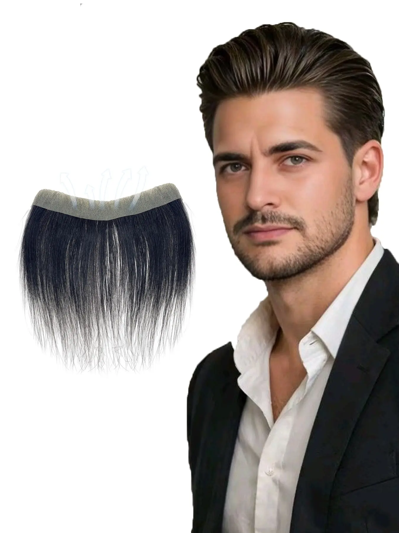 Black Hairline Toupee Hairpiece Human Hair Frontal Hairline Toupee for Men's Hairline Restoration V-Shaped Handmade Topper with Black Straight Hair PU Base Invisible Forehead Hair Patch Human Hair Topper Replacement