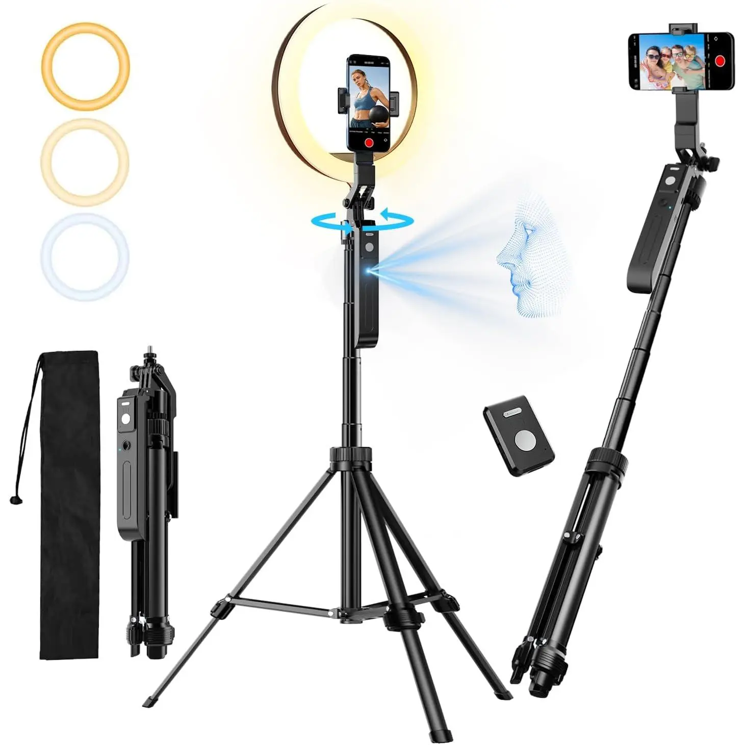Upgraded Auto   Tripod 360° Rotation with Stand, 10" RGB Ring Light Phone Tripod & Selfie Stick with Remote and Gesture Control, No App, -in  Camera for Video/Live Streaming