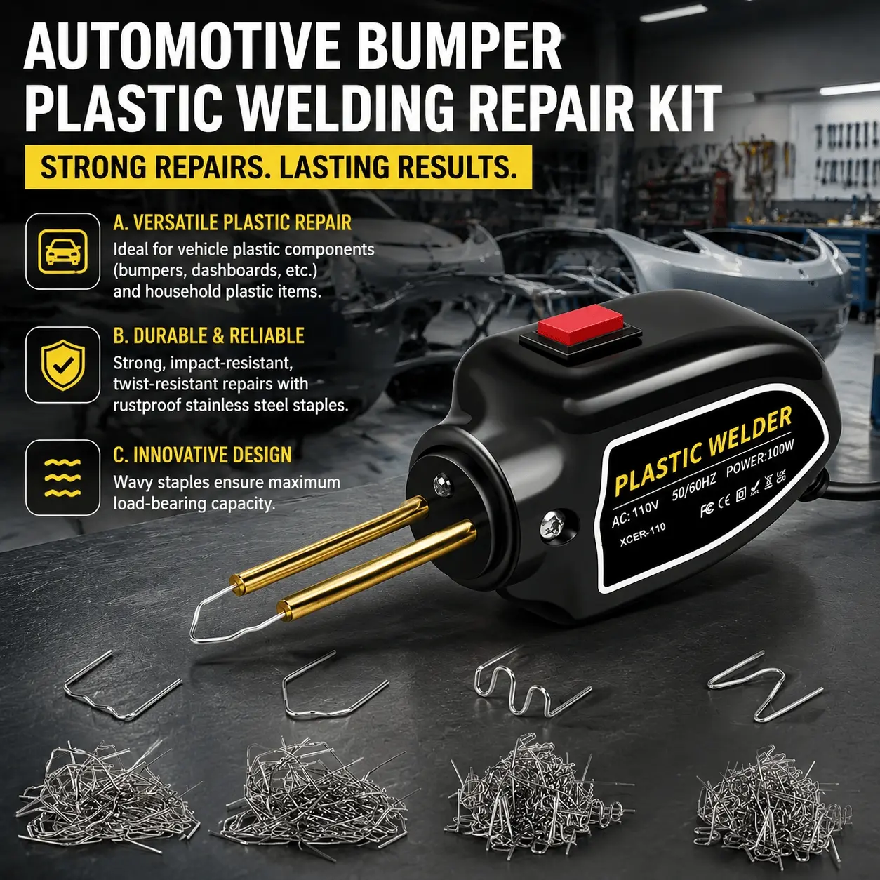 Professional Plastic Welding Kit for Car Bumpers, 200 Welding Nails, Heavy-Duty Auto Body Repair Tool, DIY Automotive Welder Set, Industrial-Grade Plastic Welding Gun for Fast Fixes