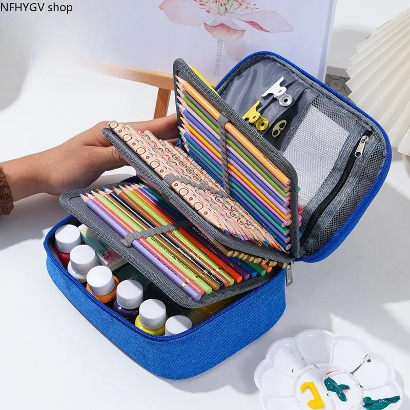 72 Slots Multi Layer Art Pencil Storage Bag, 5 Compartment Large Capacity Zipper Pen Case, Artist Stationery Organizer for School Drawing and Painting Supplies