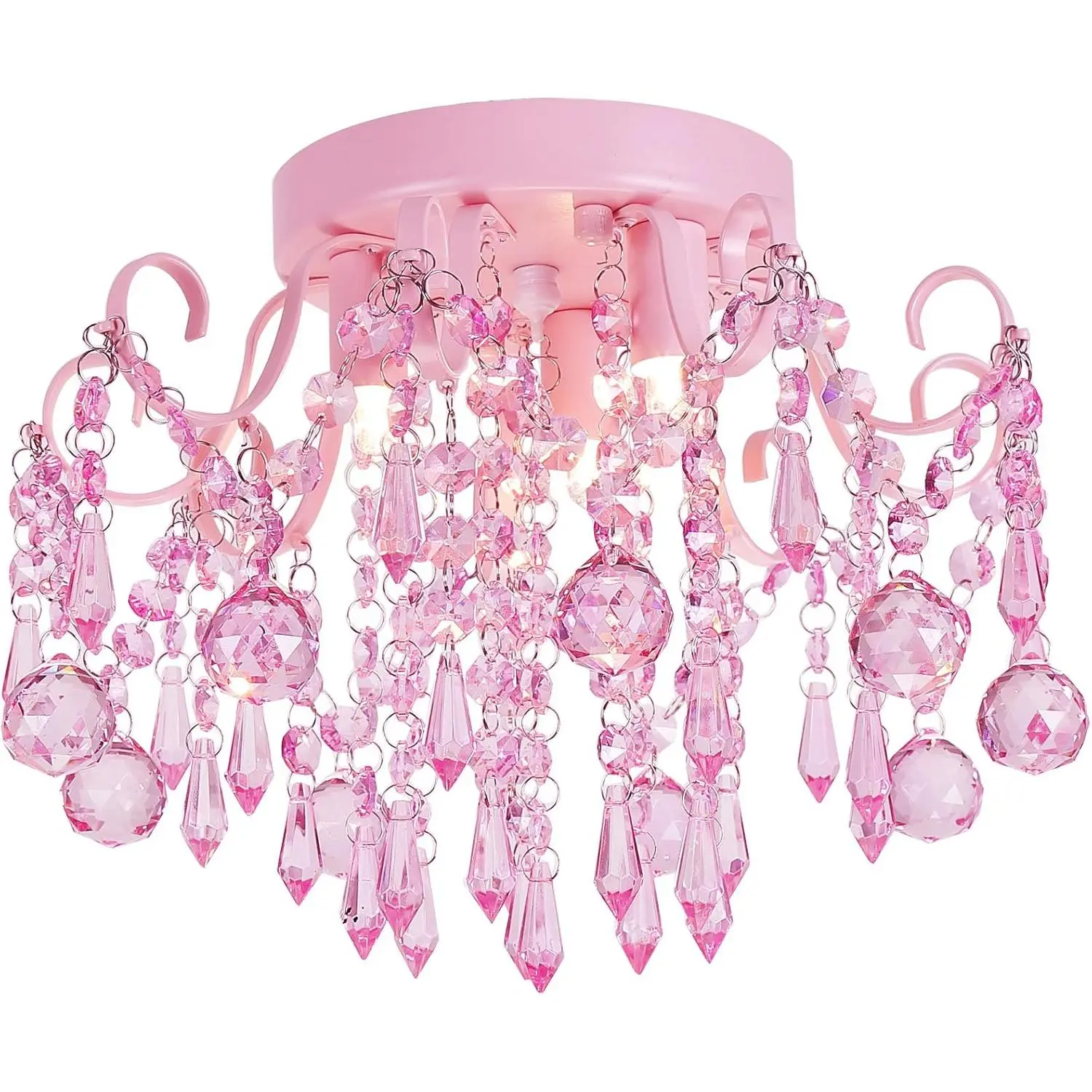3-Light Half-Assembled Mini Real Crystal Blush Pink Kids Semi-Flush Mount Chandelier, Bright Light Indoor Ceiling Fixture for Kids Room, Closet