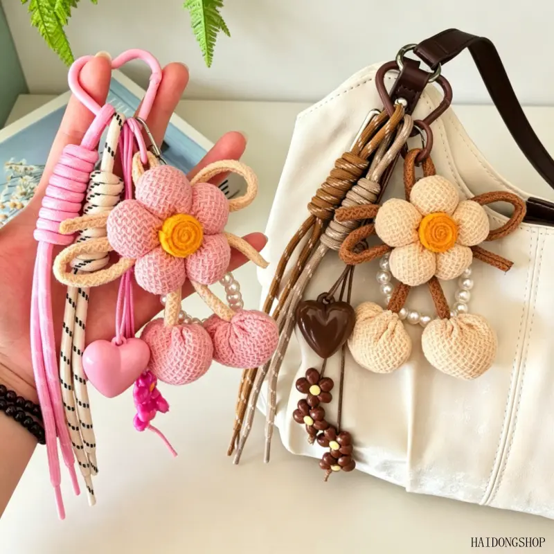 Original Hand Knitted Pom Pom Flower Bag Charm, Soft Girly Handmade Backpack Keychain Pendant, Cute Cottagecore Purse Decor For Teen Girls Daily Bag Styling Casual Outfits,tassel