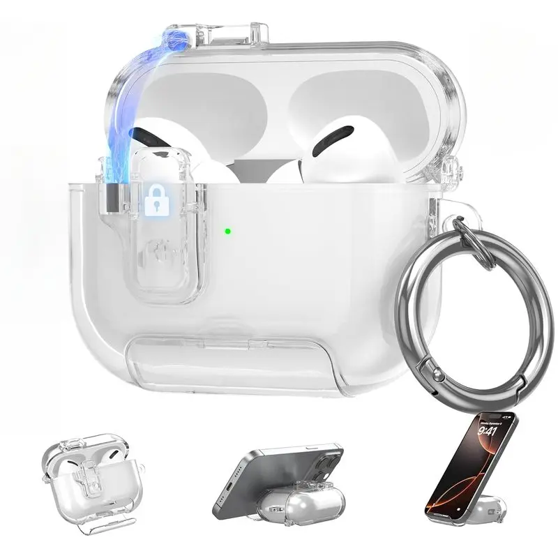 Earphone Cover Clear Drop Protection Cover for AirPods4 AirPodsPro 3 AirPodsPro 2/Pro Case with Magnetic Lock,White |   As Phone Stand,for Men Women Girly,with Keychain Magsafe Compatble,Anti Yellowing,Durable Clear Material for Airpods4