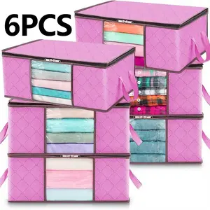 6Pcs Extra Large Foldable Storage Boxes, Folding Storage Containers, Dustproof Visible Window Quilt Storage Bags, Durable Clothes Organizer Bags with Zipper Lid & Reinforced Handles, Ideal for Bedding Blankets Pillows and Garments