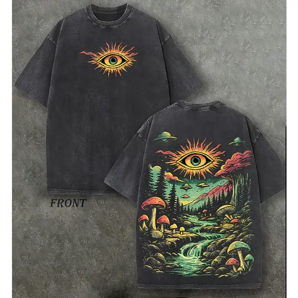All Seeing Eye Sun Mushroom Forest Waterfall UFO Planet Vintage Washed Grey Double Sided Cotton Oversized T-Shirt, Psychedelic Cottagecore Nature Casual Outfit, Best Gift For Trippy Art Lover Streetwear Tee
