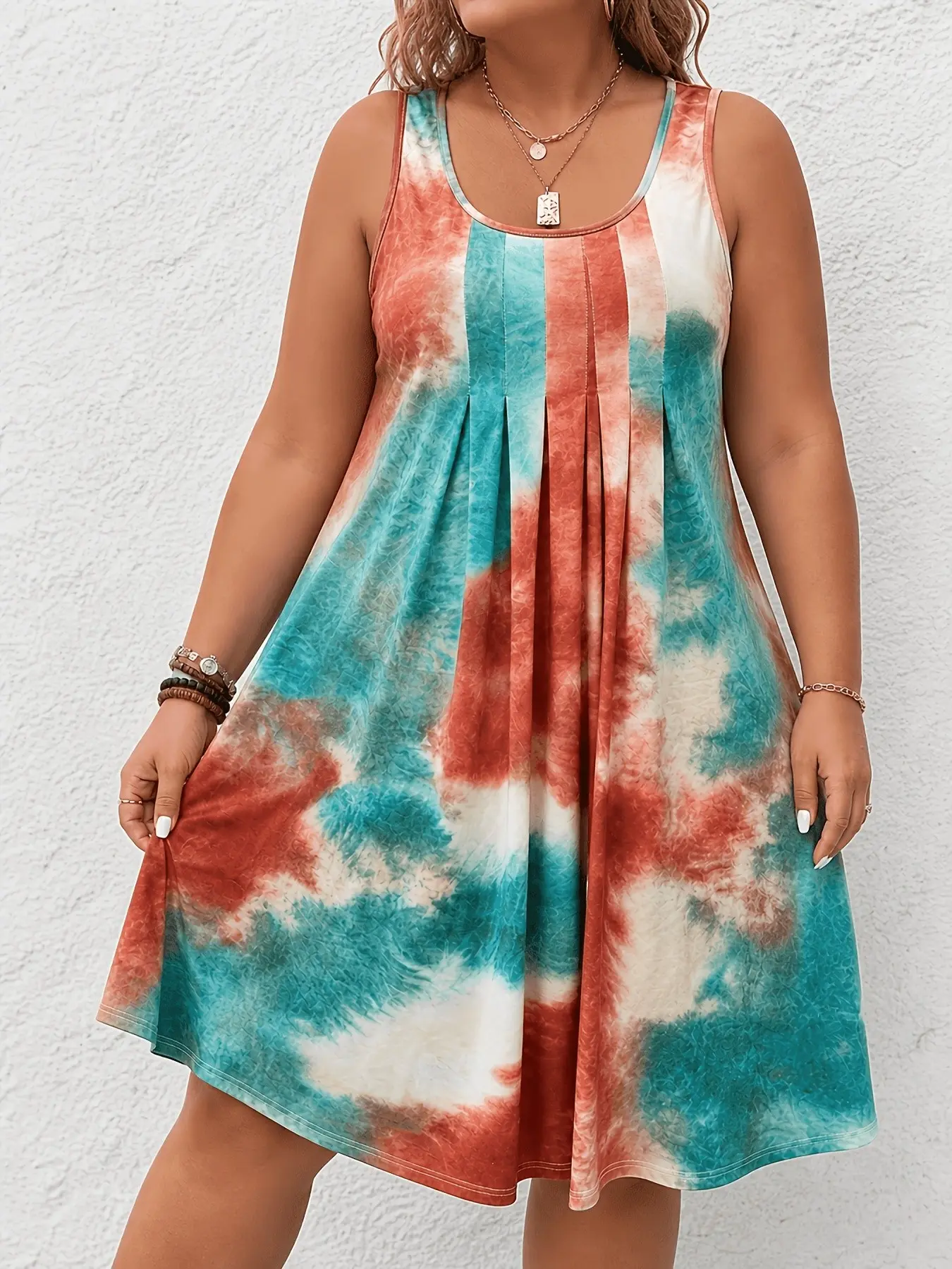 Summer Sleeveless Tie-Dye Pleated Dress, Casual Lightweight Multicolor Loose Beach Dress, Beach Resort Wear, Comfortable and Stylish Summer, Casual Beach Sundress