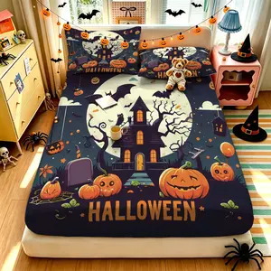 (1 fitted sheet + 2 pillowcases, no filler),Halloween Mystery Castle Pattern,Fitted Sheet 3-piece bedding set made of soft comfy polyester, machine washable without deformation, great bedding supplies for bedroom and dormitory use