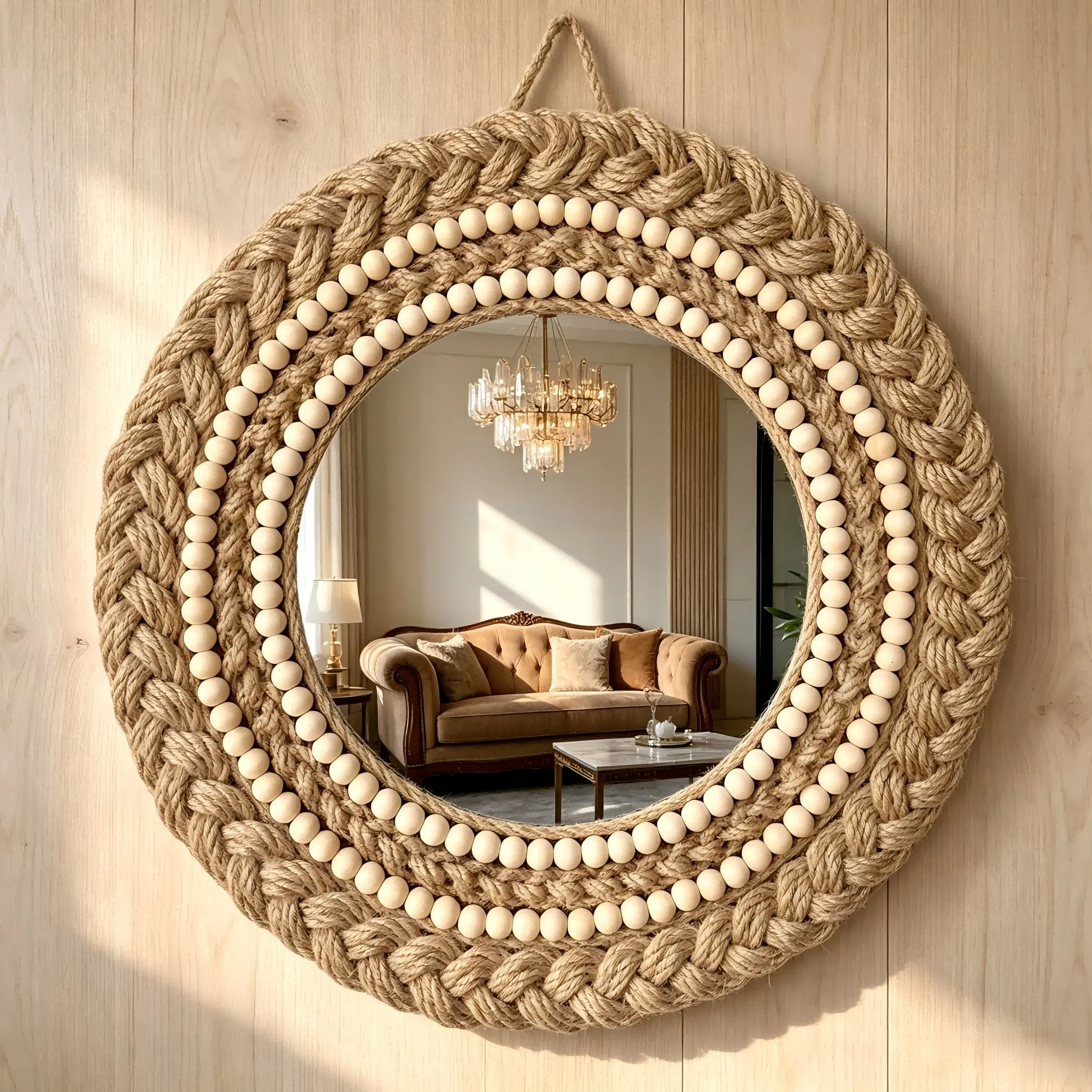 1pc Braided Natural Jute Wood Bead Round Wall Mirror | Boho Farmhouse Style | Easy Hang Hanging Mirror Wall Decor for Apartment Renters, Bedroom, Entryway, Bathroom & Dorm Home Decor Mirror