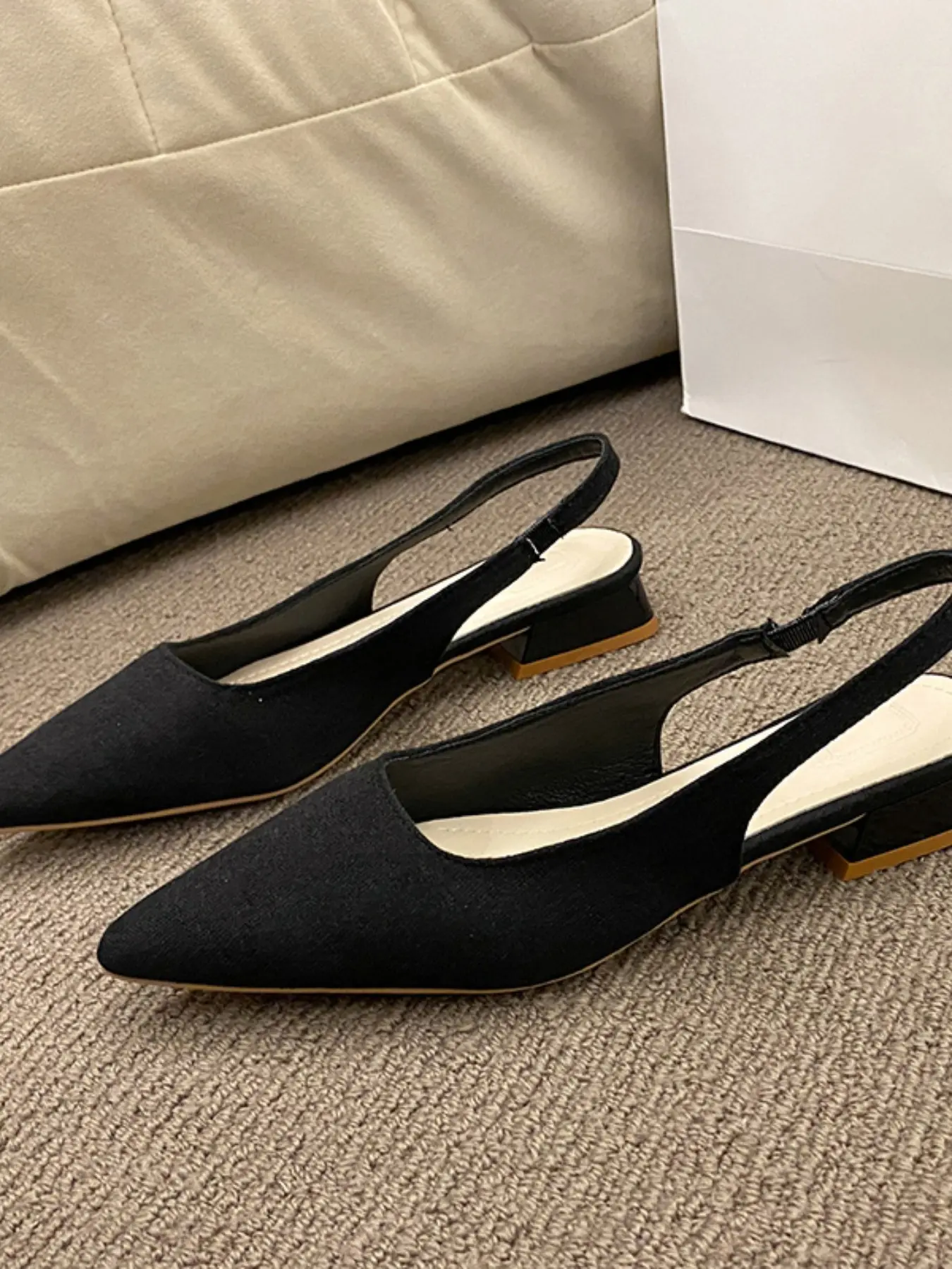 Women Pointed Toe Elastic Slingback Low Block Heel Pumps, Backless Slip On Dressy Mules, Office Wedding Guest Elegant Footwear, 3 Colors Blue White Black