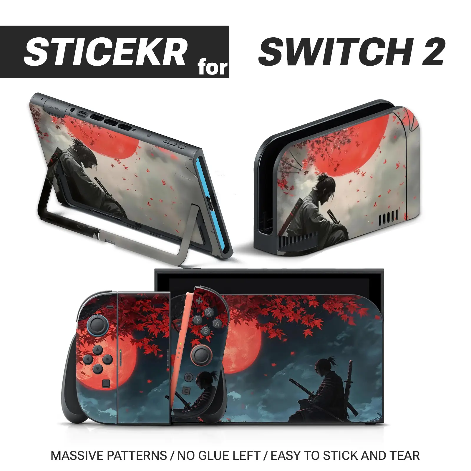 Dark Tone Samurai Landscape Aesthetic Sticker for Switch 2 Controller, Full Coverage Vinyl, Waterproof, Scratch-Resistant, Removable Without Residue