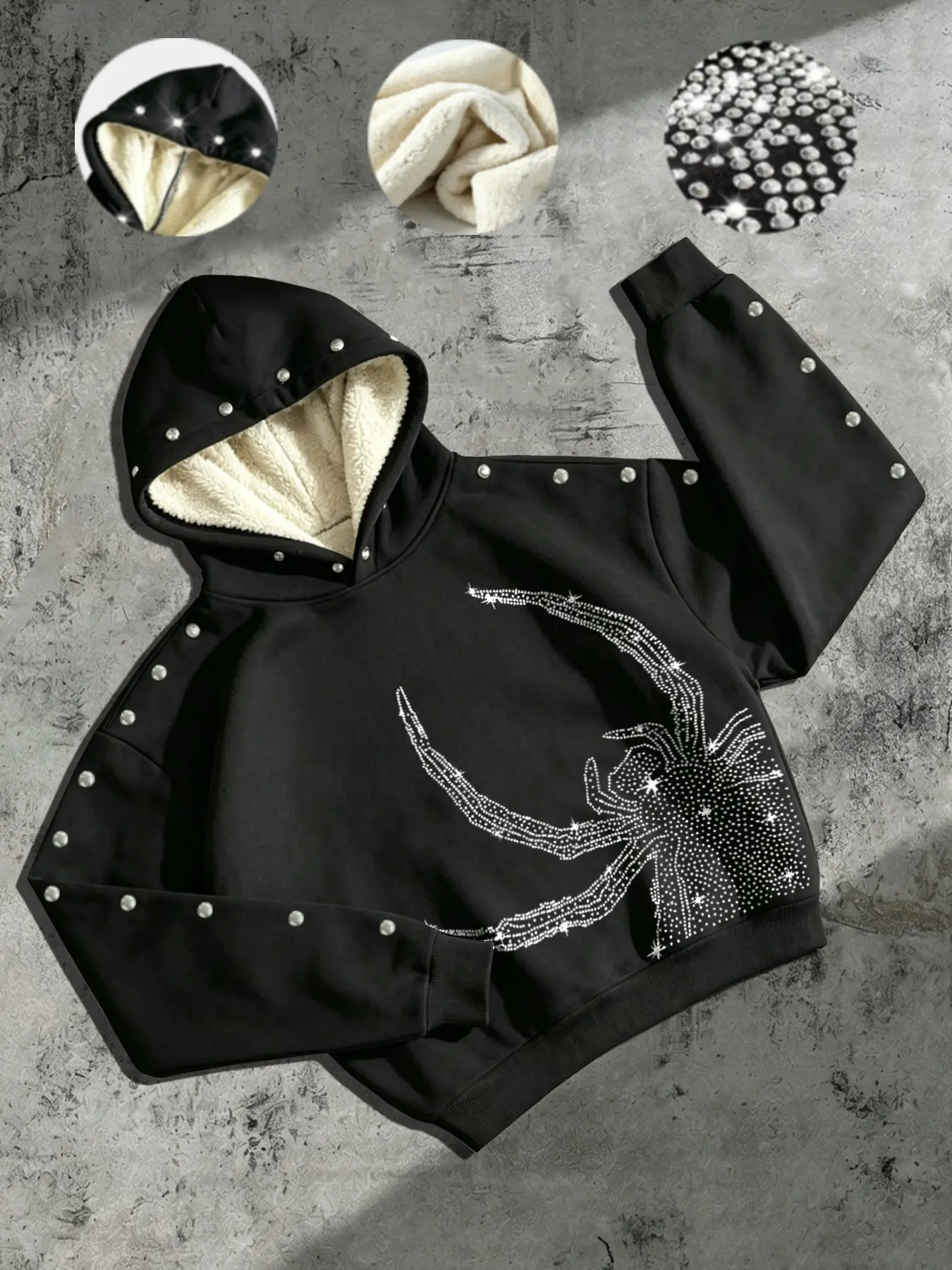 Men's Vintage Gothic Spider Rhinestone Hoodie, Long Sleeve, Sparkling Moon Spider Pattern, Rivet Decor, Loose Fit, Hip Hop Style, Fall Winter Fashion