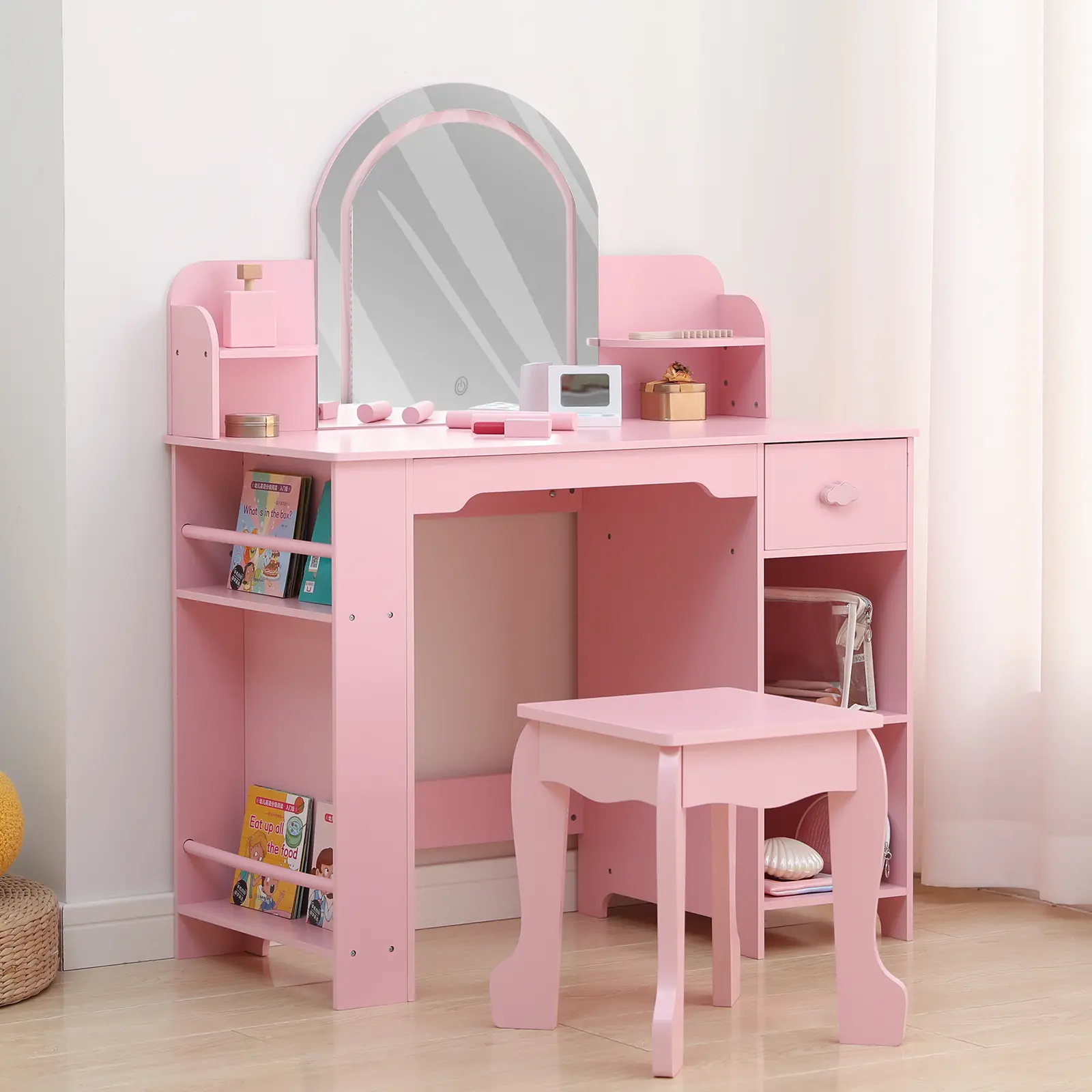 Lighted Mirror Kids Vanity Table with Stool – Wooden Princess Makeup Desk for Girls with Bookshelf, Drawer & Open Storage Shelves – Perfect for Bedroom or Playroom – Classic Design