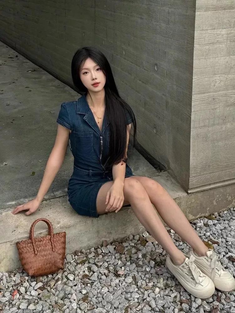 American Retro Black Denim Short Dress Women Summer Zipper Elegant Slim One Piece Dress Korean Fashion Design Casual Clothing