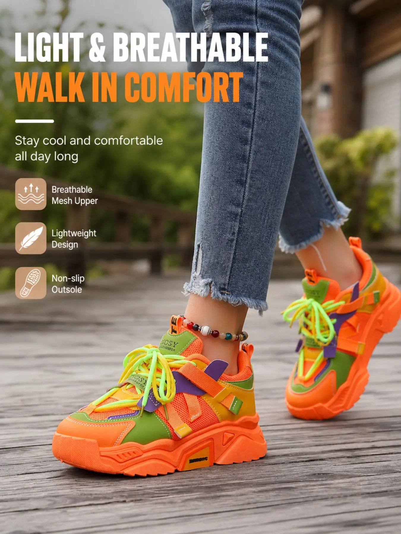 Women's Fluorescent Thick Sole Chunky Heel Sneakers, Breathable Mesh Tie-Strap Casual Walking Shoes, Millennial Style Height Boosting Dad Shoes
