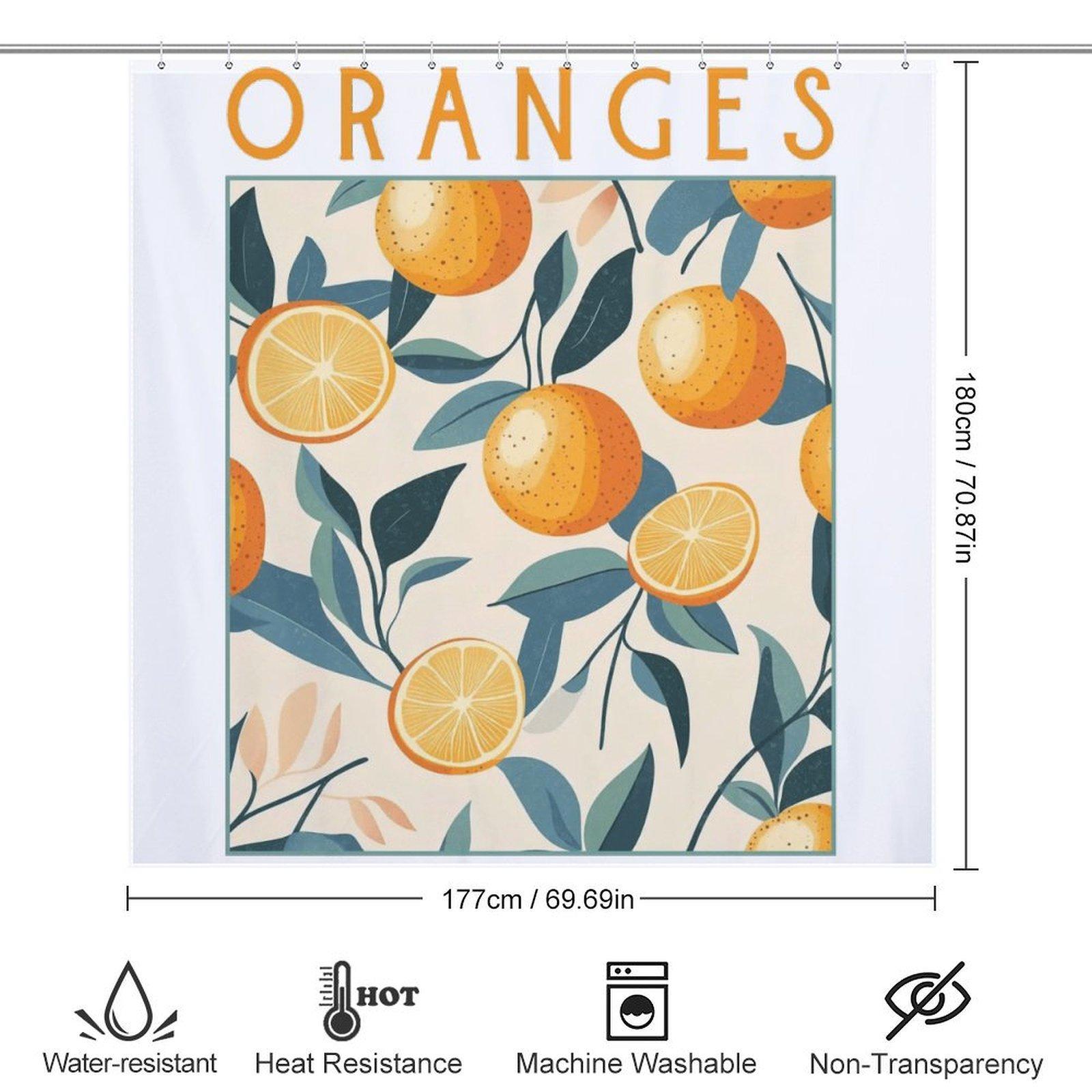 Vintage Orange Fruit Shower Curtain, Citrus Botanical Leaf Print Bathroom Decor, Waterproof Polyester Bath Curtain with Hooks, Summer Fresh Aesthetic Accessory