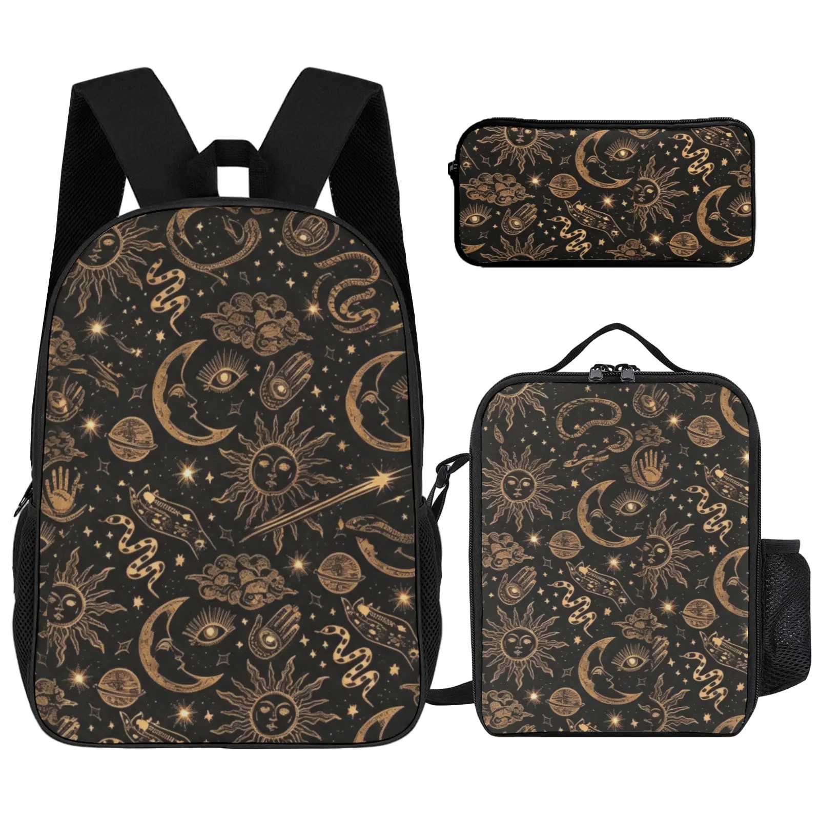 Celestial Witchy Sun Moon Backpack Set, Dark Academia Occult School Bag Kit for Teens, 3Pcs Set with Insulated Lunch Bag & Pencil Case, Adjustable Padded Daypack with Side Mesh Pockets,Unique Back To School & Birthday Gift for Dark Academia Lovers
