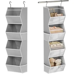 Hanging Closet Organizer 4 Shelf Collapsible Bedroom Closet Organizers and Storage Hanging with Mesh Pockets for Clothes, Fabric Hanging Storage Bins for Wardrobe Closet Organization and Storage, Grey