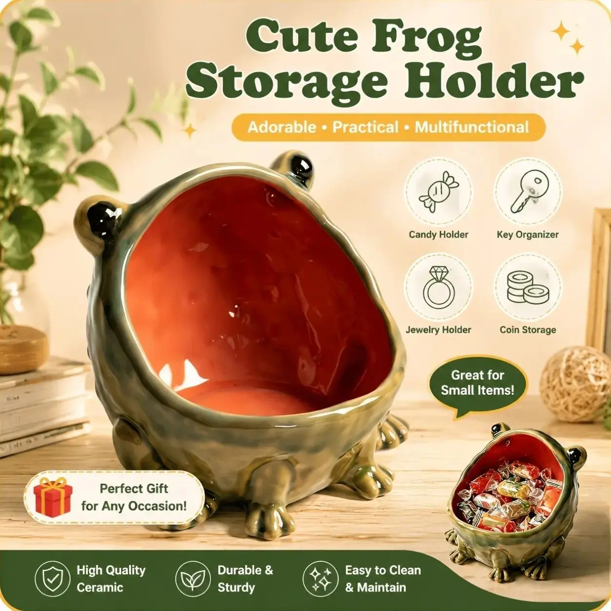 Cute Open Mouth Frog Ceramic Storage Bowl, Vintage Glaze Key Holder, Multifunctional Trinket Tray, Desk & Home Decor, Housewarming Gift