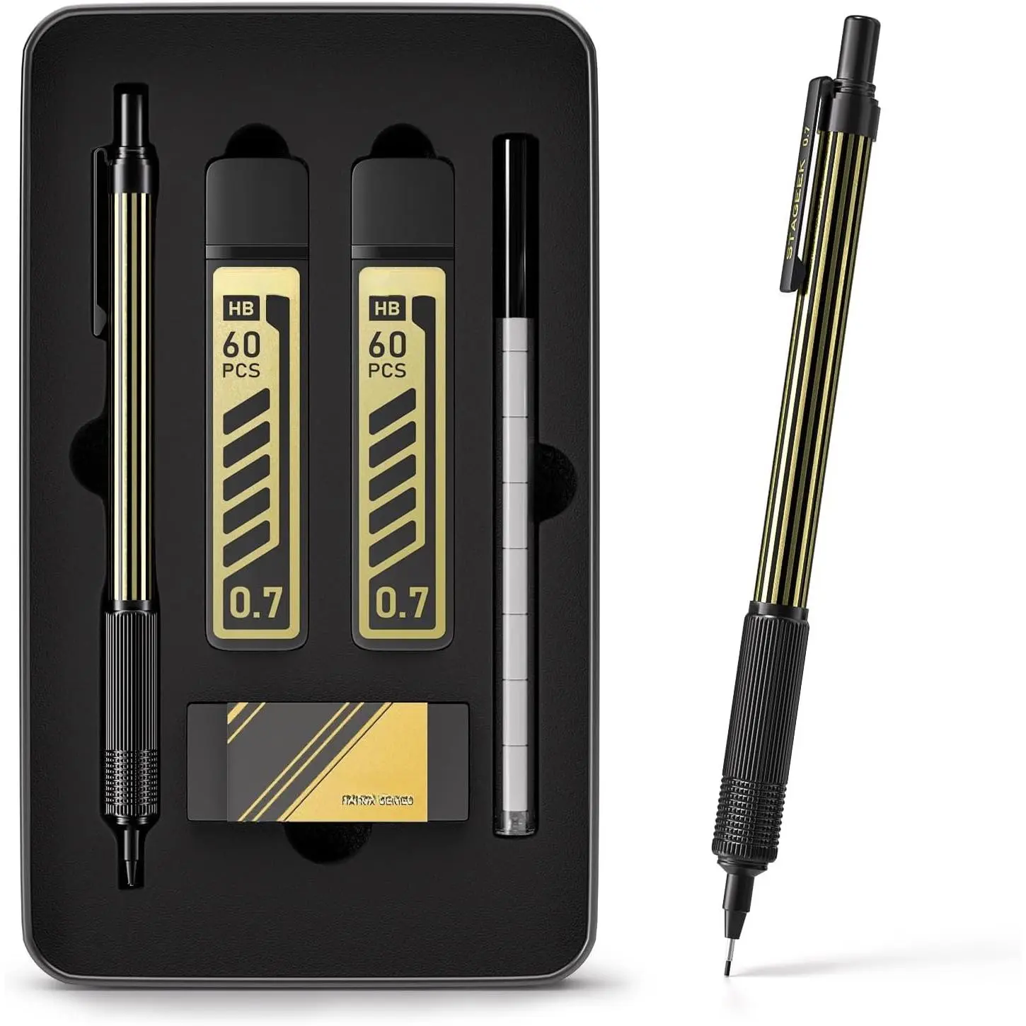 0.7mm Metal Mechanical Pencil with Metal  Case,  | -Metal , Threaded Grip,Metal  Case, 120 count HB Lead Refills,Eraser Refills for Writing, Drafting, Drawing,Sketching