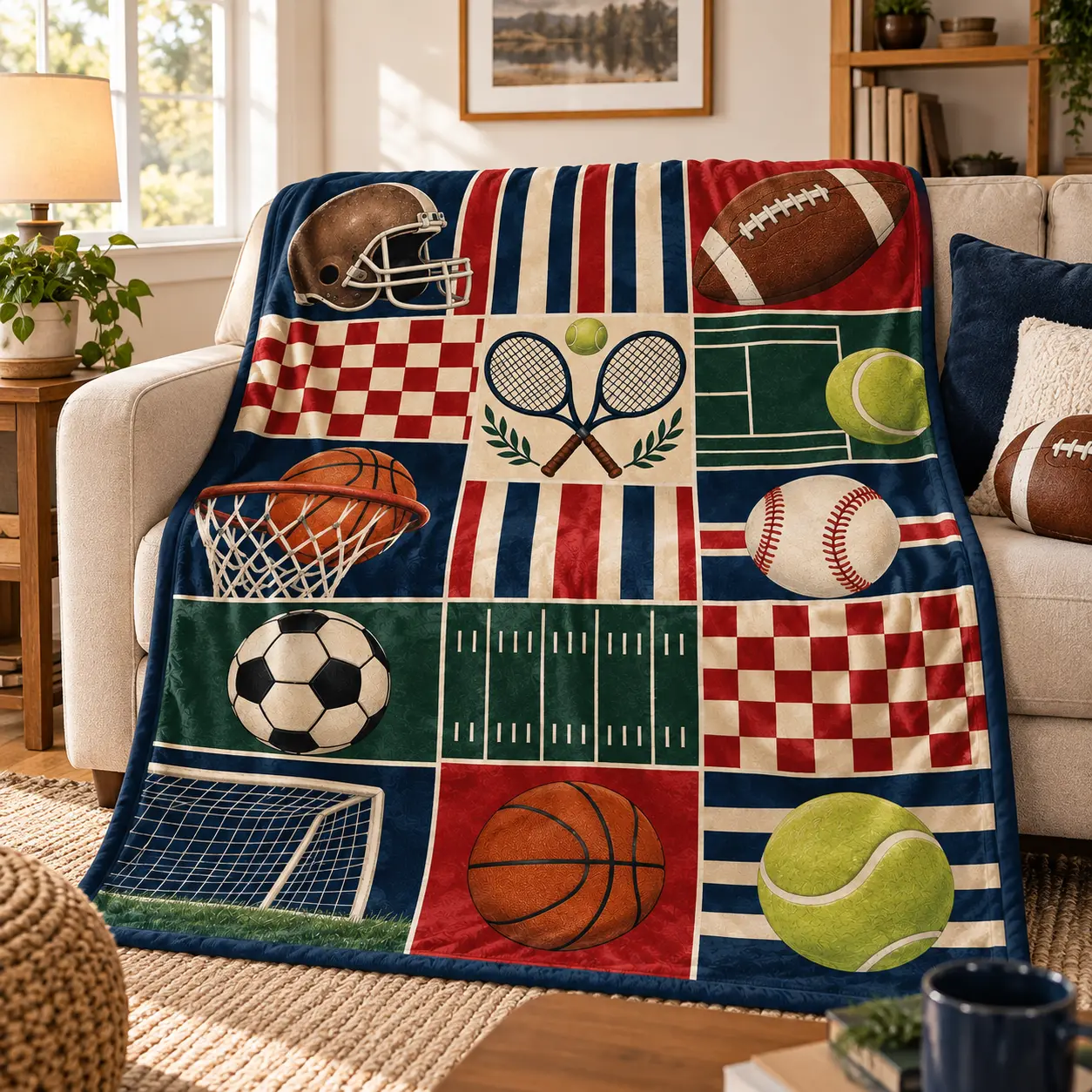 Gameday tailgate Patchwork Throw Blanket, Ball Design for Bed and Sofa