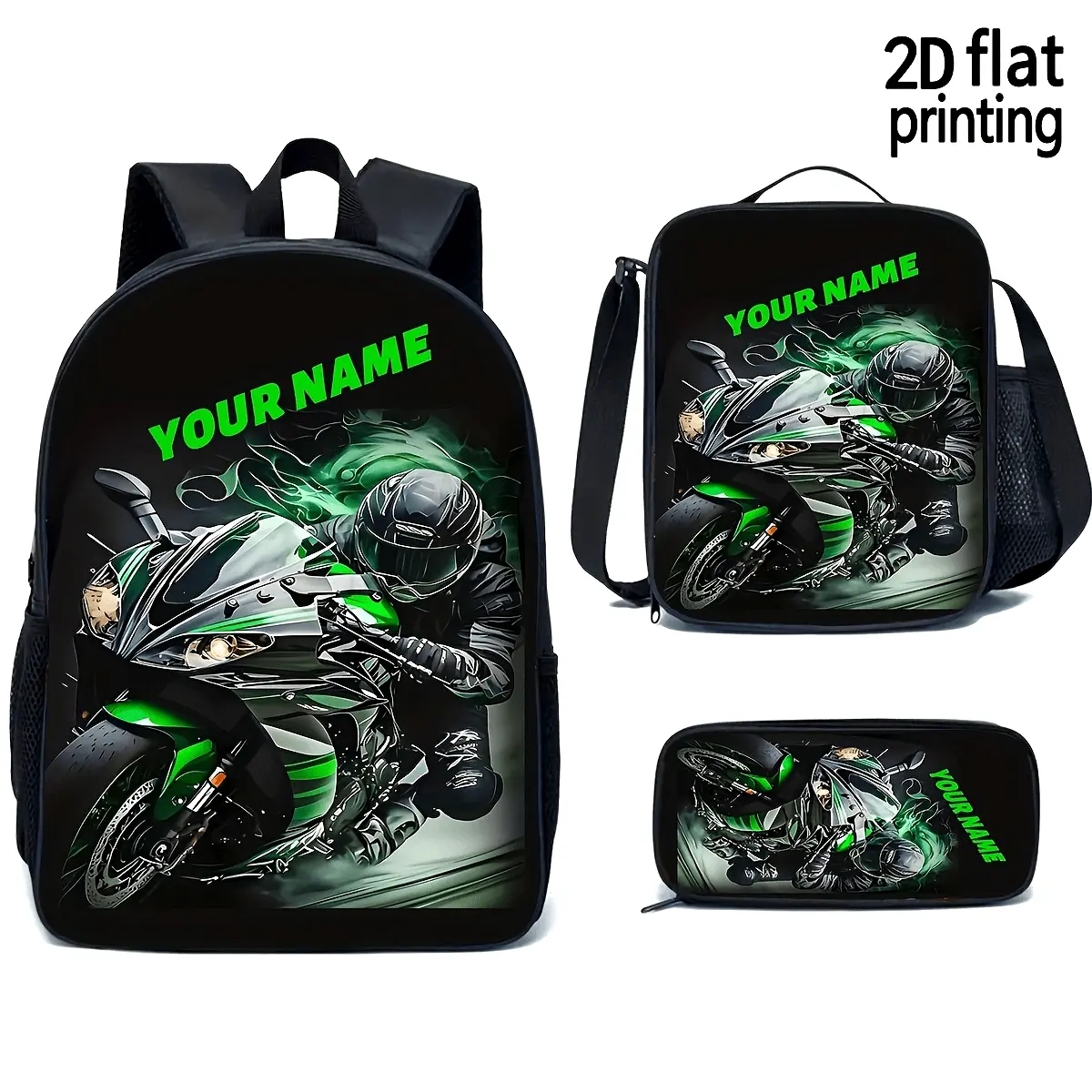 Custom Name Green Sport Bike 3-Piece Backpack Set, Personalized Motorcycle Print School Bag + Lunch Bag + Pencil Case, Oxford Cloth Adjustable Strap Daypack for Riders & Kids