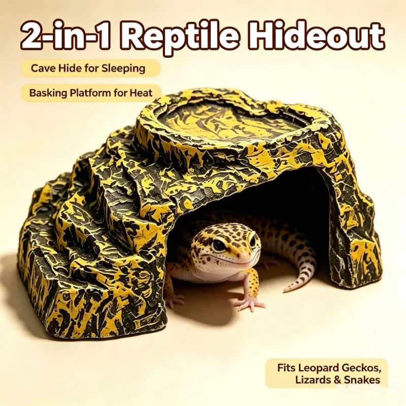2-In-1 Reptile Rock Hideout with Sun Deck, Leopard Gecko, Corn Snake, Bearded Dragon, Small Turtle, Blue Jay, Reptile Box Decorative Shelter Accessory