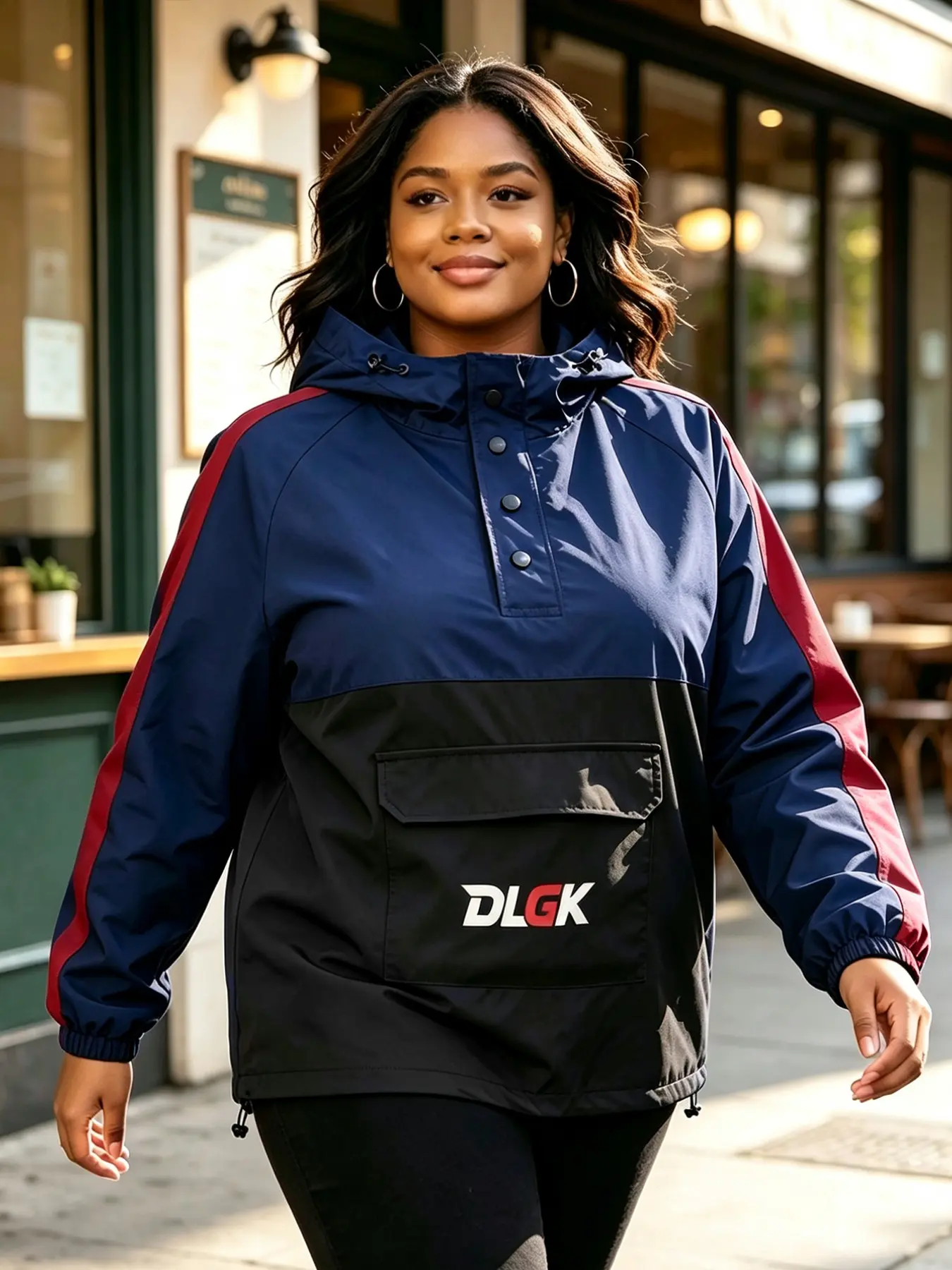 DLGK Women's Plus Size Color Block Long Sleeve Windbreaker Jacket - Hooded Half Snap Pullover Anorak with Kangaroo Pocket, Casual Outdoor Coat for Hiking Travel Camping Commute, Spring Fall Outerwear