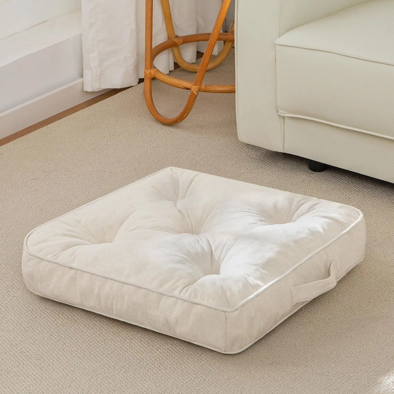 Large Floor Pillow Cushion for Adults, Meditation Cushion Pillow with Handle, Lustrous Chenille Tufted, Square Floor Sitting for Tatami Living Room or Yoga, 22x22 Inch, Beige
