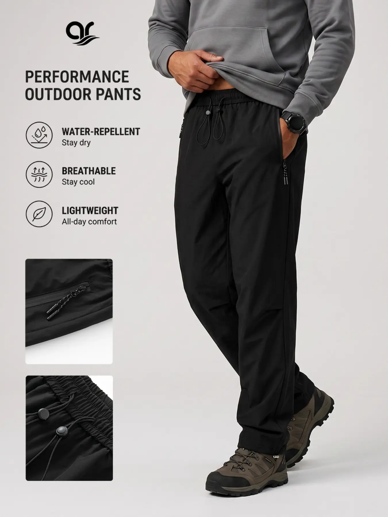 AR Men's Water-Resistant Outdoor Hiking Pants Lightweight Athletic Joggers with Zip Pockets Elastic Waist Adjustable Cuffs Casual Streetwear Track Pants for Camping & Everyday Wear Sports Pants