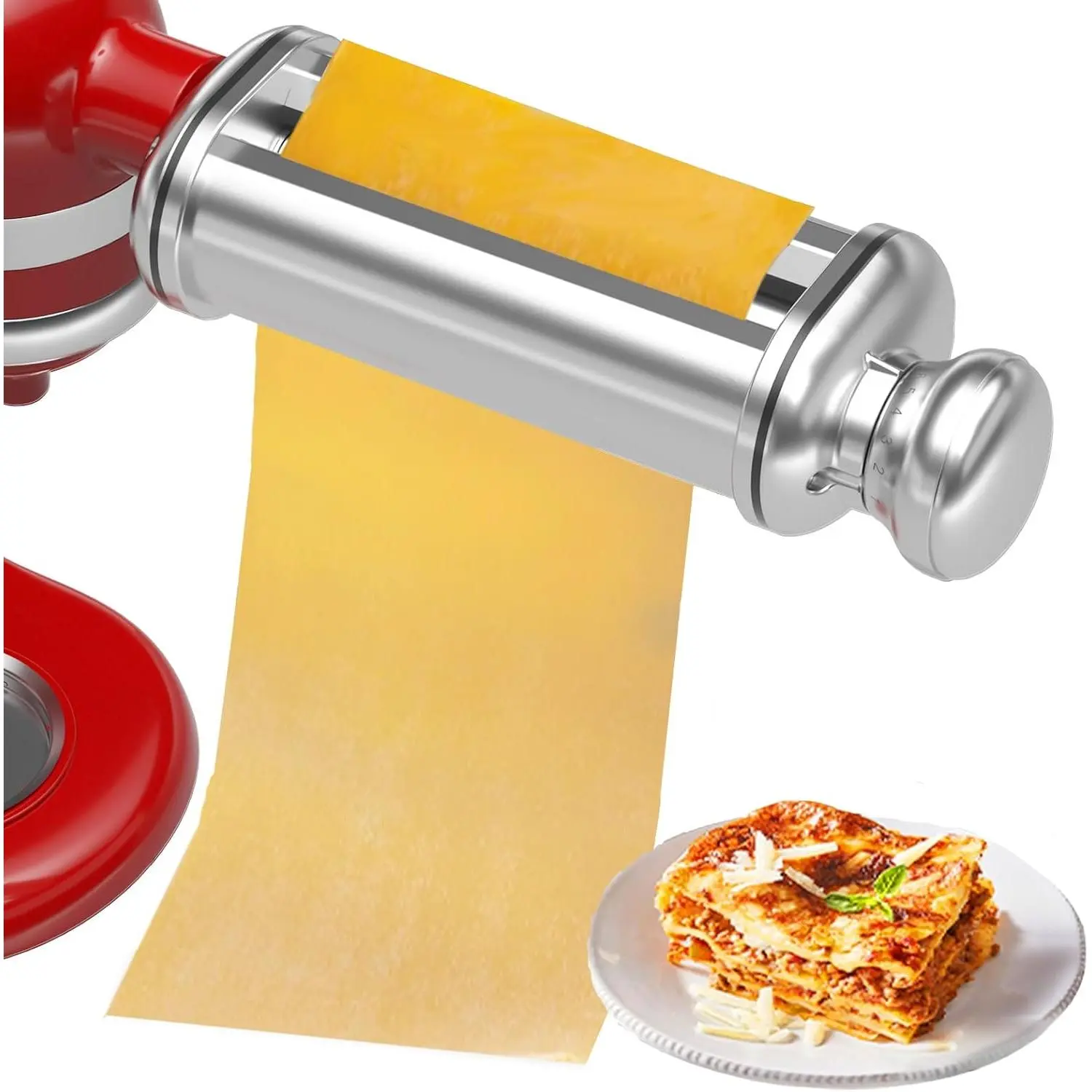 Stainless Steel Adjustable Functional Electric Pasta Roller Attachment for All Stand Mixers, KitchenAid Accessory with 8 Thickness Settings, Multi-Size Dough Rolling Tool