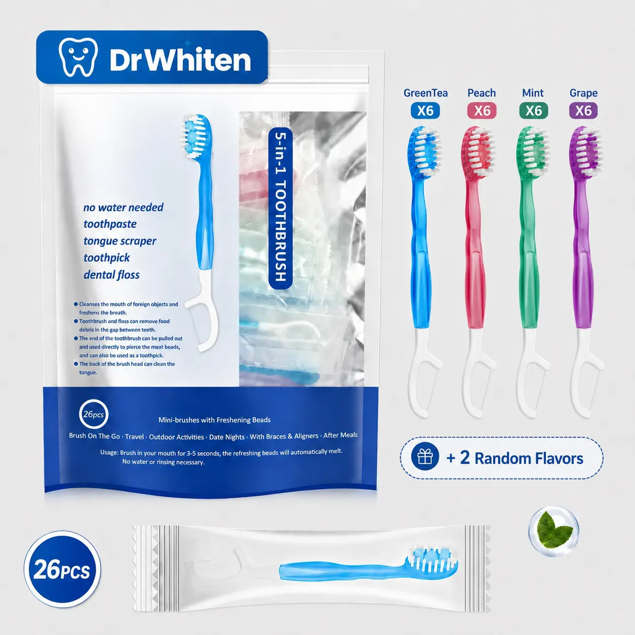 5 in 1 Toothbrush & Floss & Tongue Scraper & Toothpick Set, 26pcs/pack Soft Bristles Toothbrush Set, Oral Care Tool for Travel, Business Trip