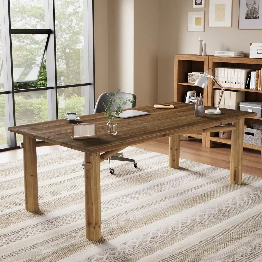 Sturdy Classic Modern Large Surface Office Desk - 62.99" W x 31.49" D Rustic Natural Grain Solid Wood Farmhouse Executive Desk, Assembly Required, for Home Office, Meeting Room Use (Brown)