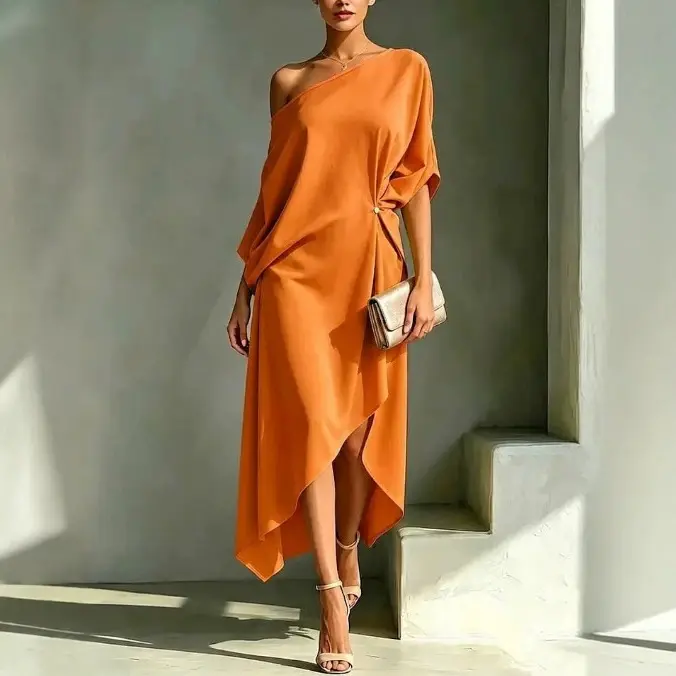 Women's 1-Shoulder Oversized Satin-Feel Polyester Midi Dress - Matching Metallic Cocktail Wedding Guest Formal Dress with Soft Twist Knot, Asymmetrical Hem, Loose Flowy Batwing Sleeves for Women