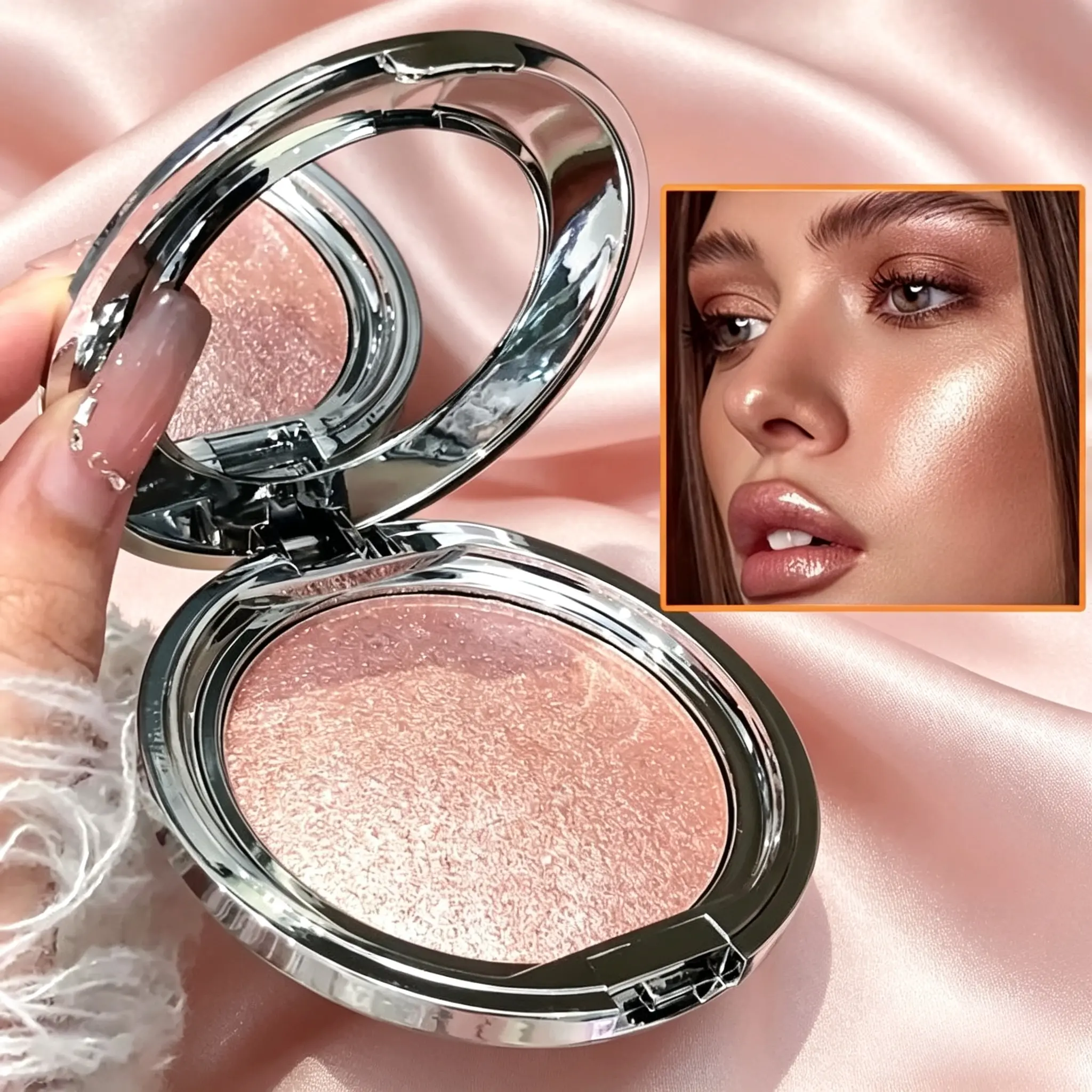 Ins Luxury Silver Case Baked Highlighter, Transparent Diamond Fine Shimmer, Suitable For Fair & Warm Skin, Create Natural Glow Portable Highlighter