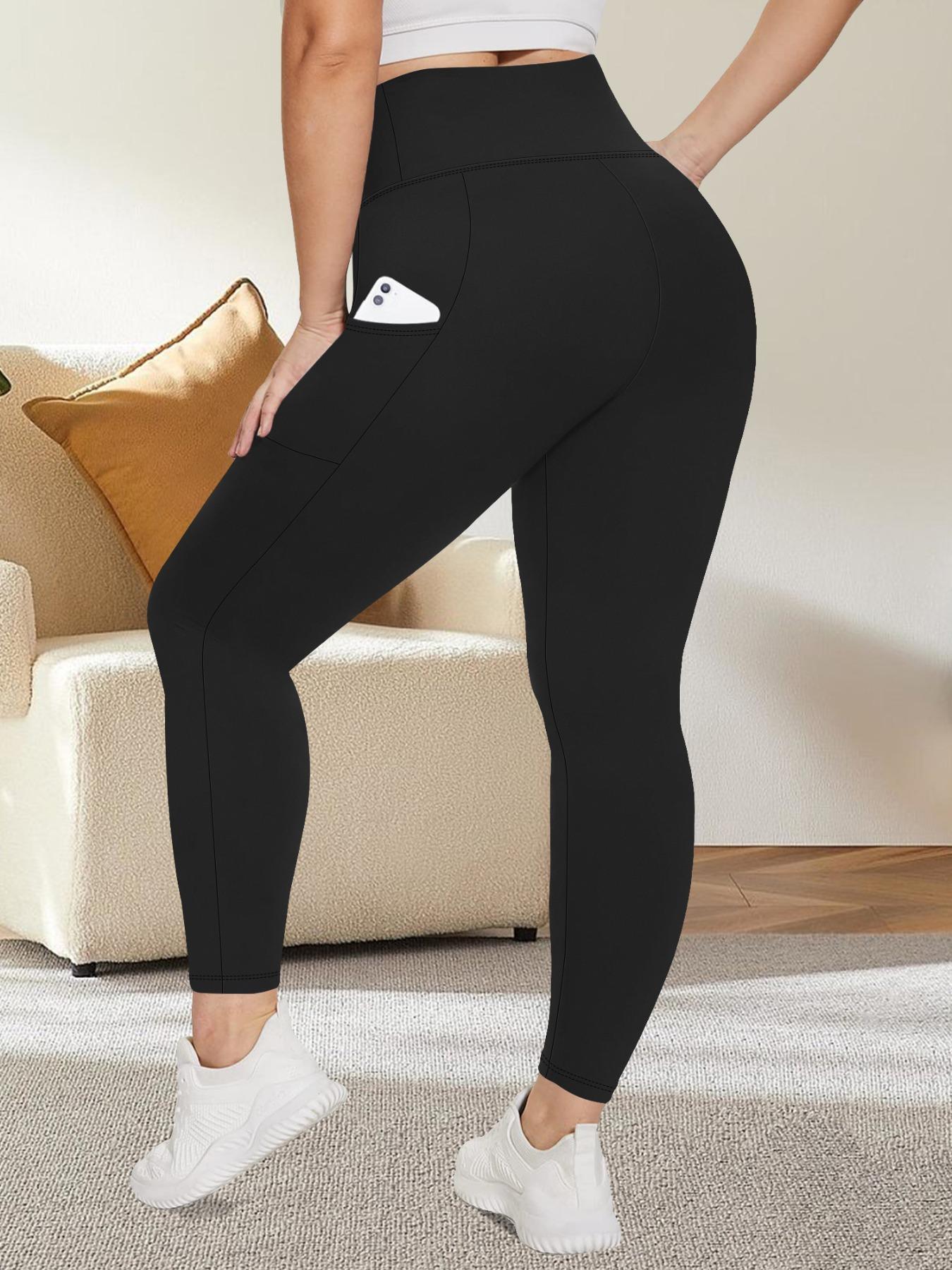Plus Size Solid Pocket High Waist Leggings, Casual Comfy High Stretch Skinny Pants for Women, Women's Bottoms for All Seasons
