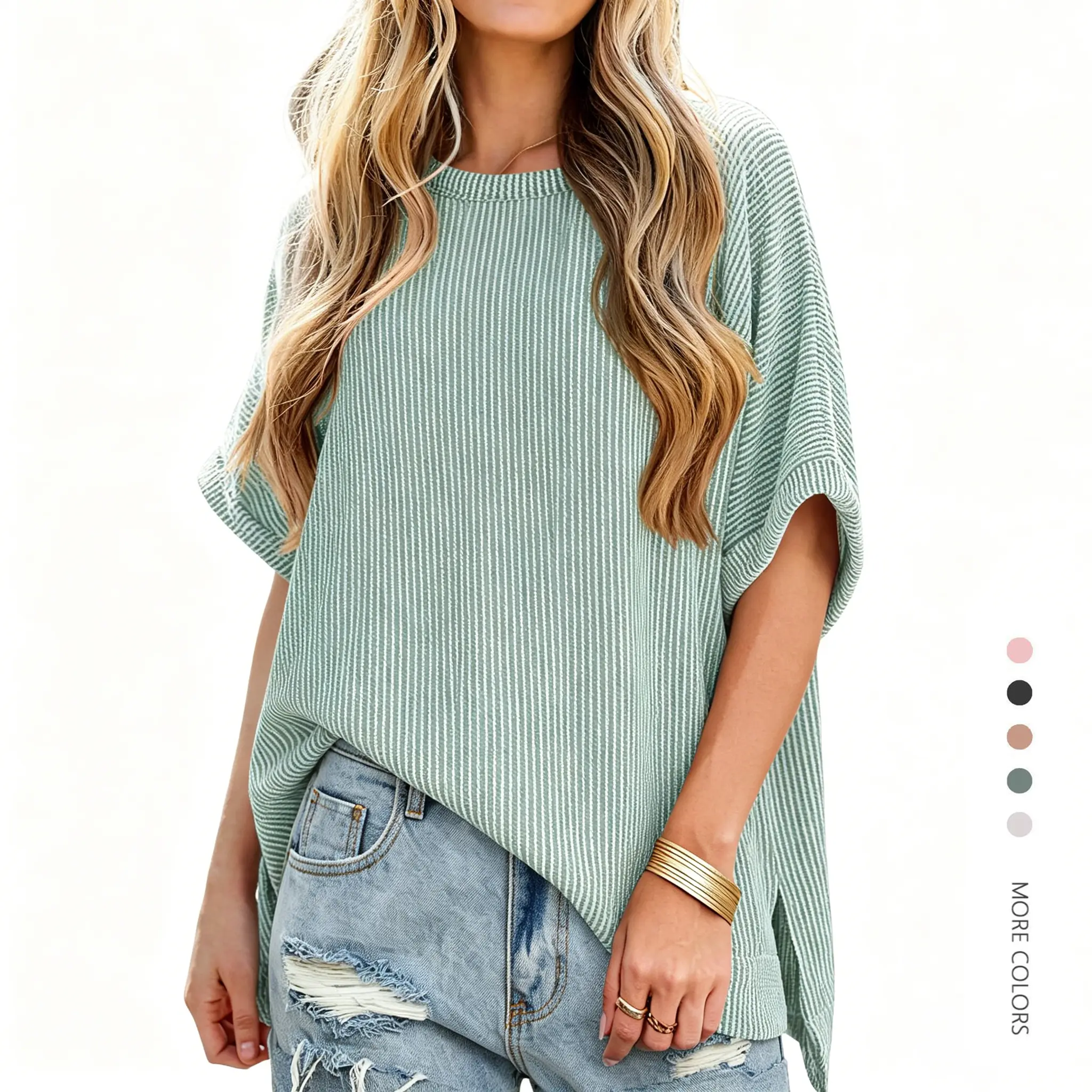 Women's Plus Size (S-3XL) Oversized Soft Knit Blouse - Short Batwing Sleeves, Striped Tunic, Basic Round Neck, Summer Casual Loose Tshirt, Curvy Women Plus Size Everyday Fashion Tops,back to school,back to school shopping, Style, Baggy