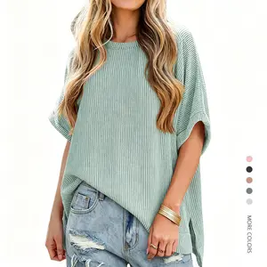 Women's Plus Size (S-3XL) Oversized Soft Knit Blouse - Short Batwing Sleeves Striped Tunic Shirts, Basic Round Neck, Summer Casual Fashion Style Loose Top, Short Sleeve