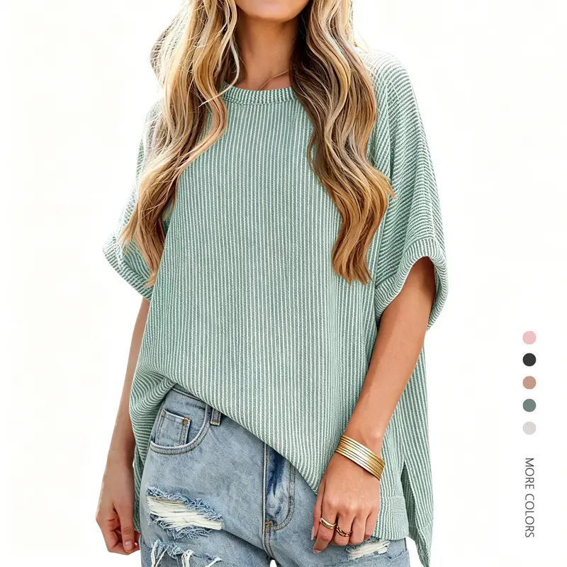 Women's Plus Size (S-3XL) Oversized Soft Knit Blouse - Short Dolman Sleeves, Striped Tunic, Basic Round Neck, Summer Casual Loose Fit Top, Curvy Women Everyday Fashion, Back to School Style, Short Sleeve