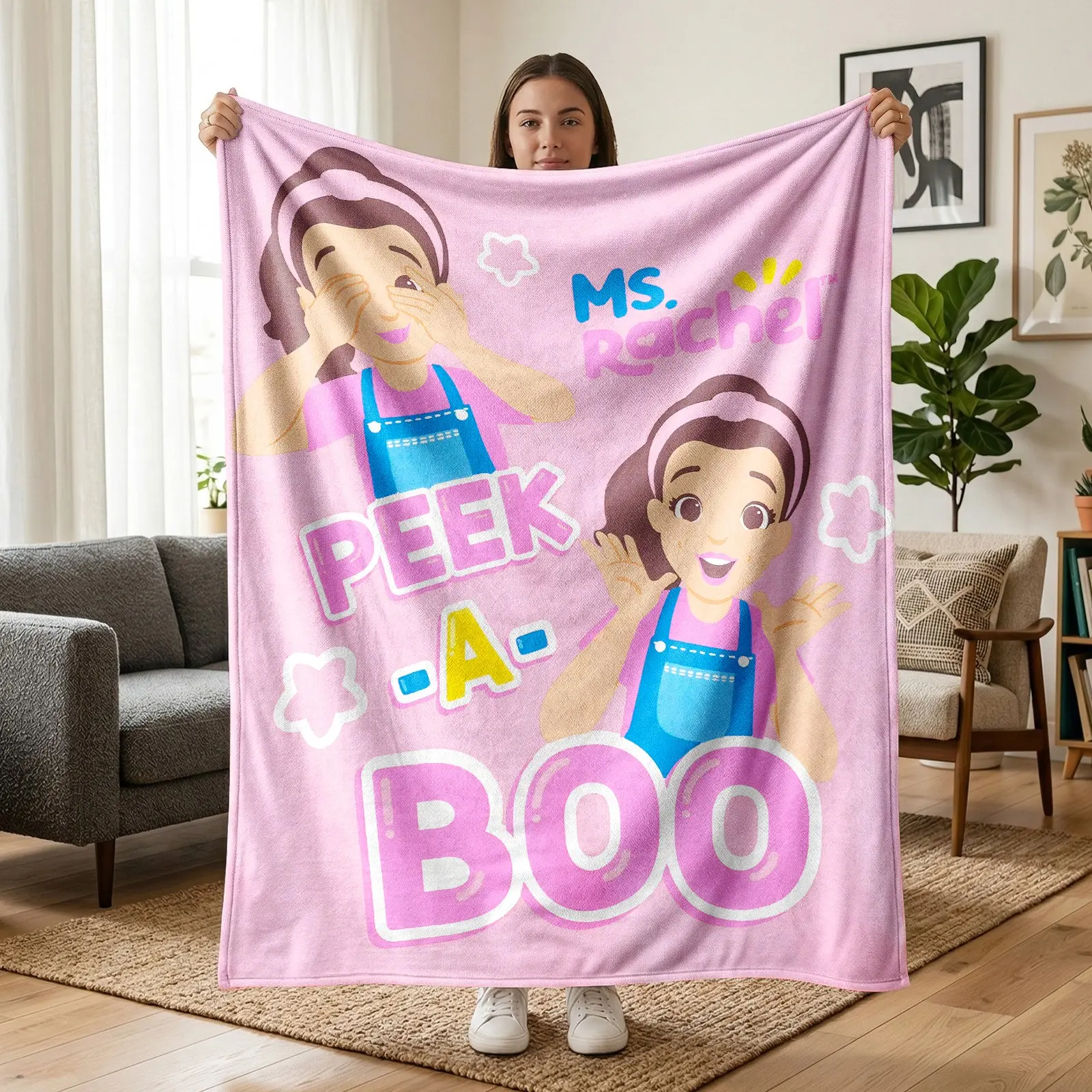 1pc Ms. Rachel Peek-A-Boo Flannel Blanket, Cute Cartoon Girl Pink Background Soft Warm Fleece Throw Blanket for Sofa Bed Office Camping Travel Birthday Christmas Gift