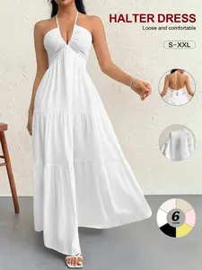 Halter-Neck V-Neck Maxi Dress with Back Tie, Pleated Tiered Flared Cake-Style, Flattering Long Beach Dress, 6 Colors, Sizes S–xxl